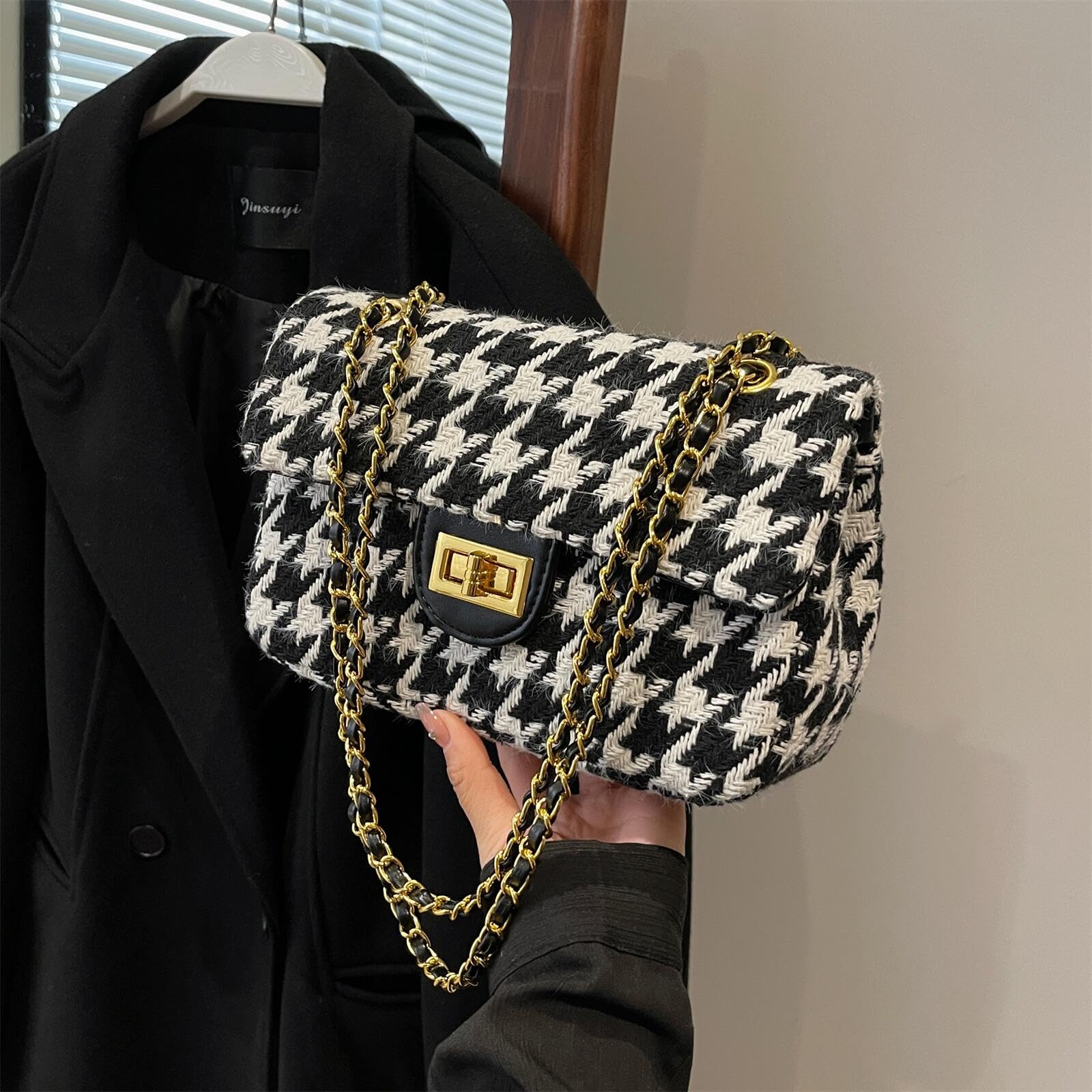 Houndstooth Chain Shoulder Cross body Bag for Women Handbag and purse Fashion Woolen Cloth Clutch (A-Black)