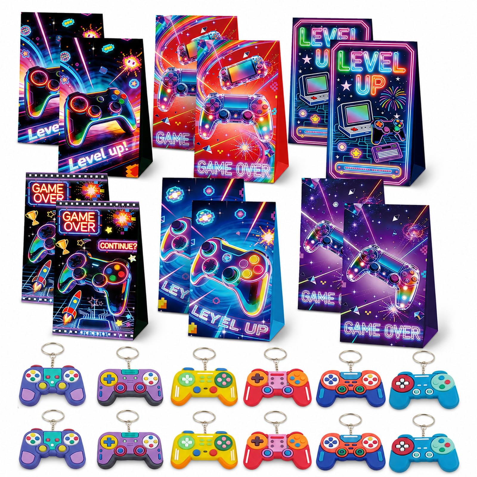 Aurelx 24 PCS Gaming Party Bag Fillers, 12 PCS Colorful Gaming Party Bags with 12 PCS Game Kids Keyrings, Gamer Parties Bags for Birthday Parties Decorations for Kids Boys Girls Gamers