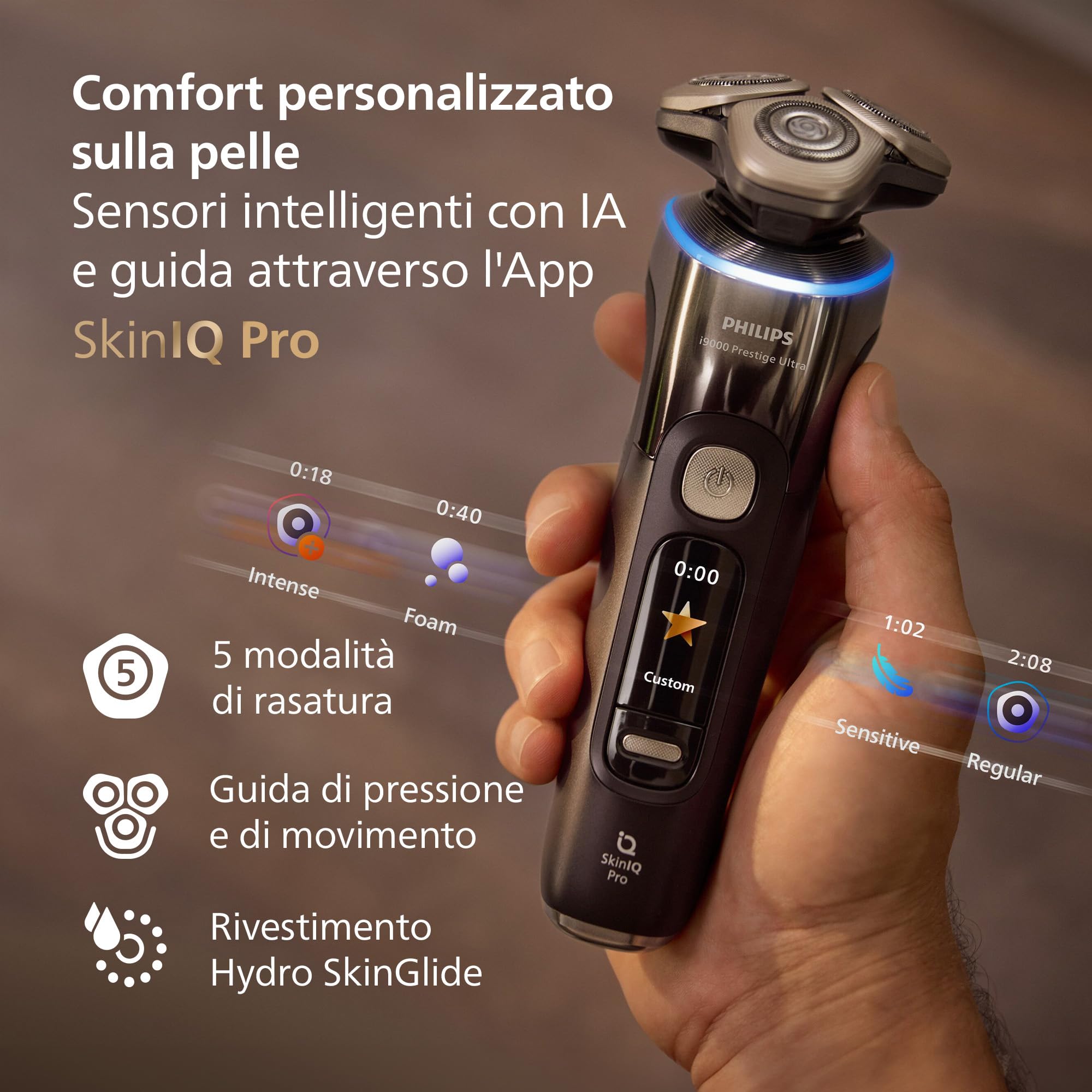 Philips Shaver i9000 Prestige Ultra, rasoio elettrico Wet & Dry, tecnologia Skin IQ Pro, triplo sistema Lift & Cut, lame di precisione NanoTech 360º, 5 modalità di rasatura, modello XP9405/31