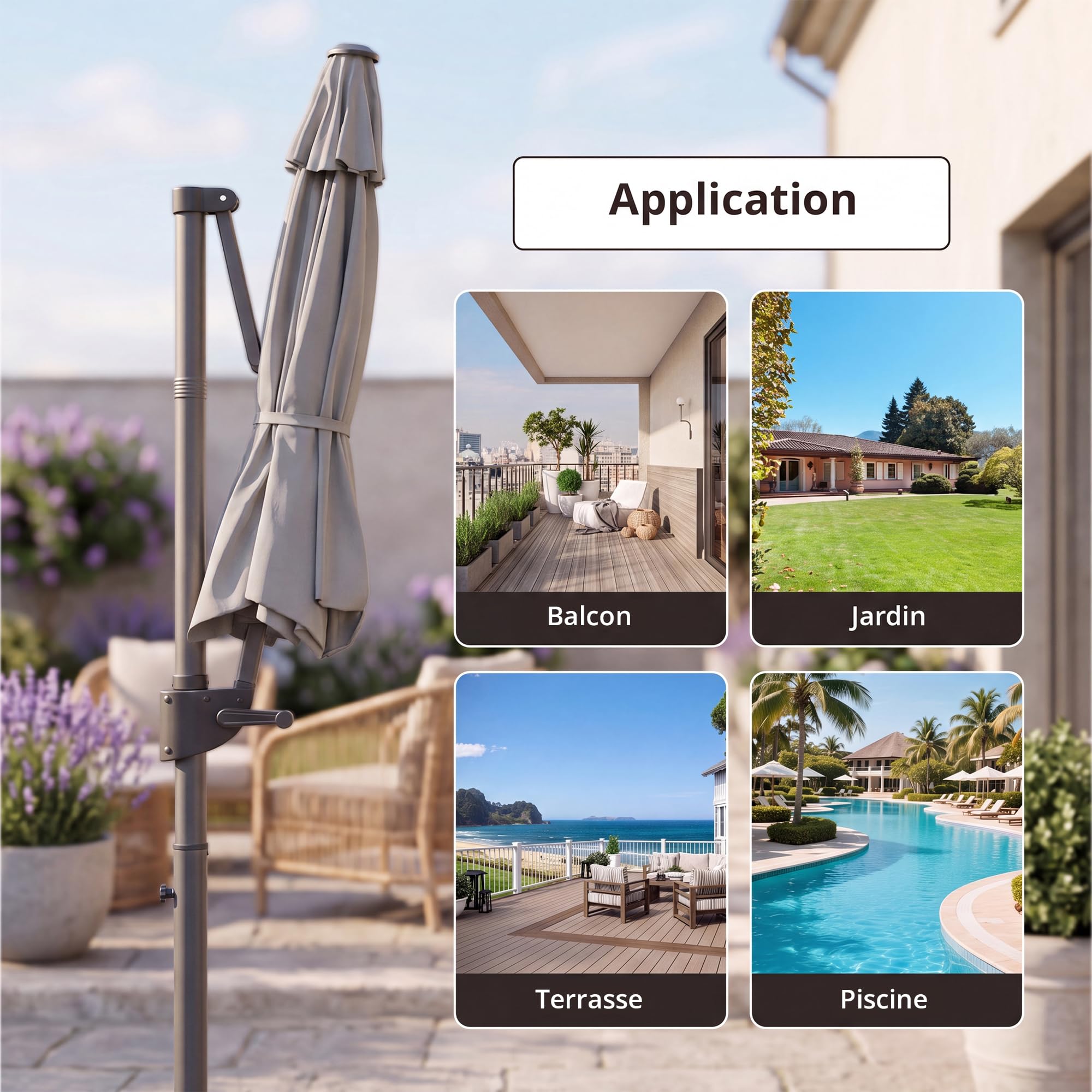 JUMMICO Parasol Déporté Carré 330x330cm, Parasol de Jardin Inclinable Rotatif 360° avec Manivelle, Protection UV50+, Toile Imperméable, pour Terrasse Balcon Piscine