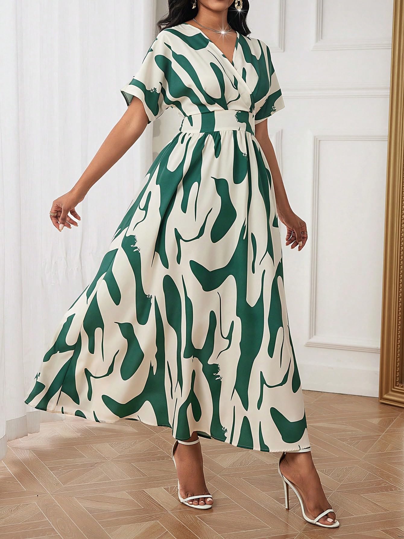 Shasmi Women's & Girl's White Green V-Neck Printed Dress With Ruffled Hem And Belted Waist For Vacation, One Piece Maxi For Women's Casual Dresses (140 Dress White Green-S)