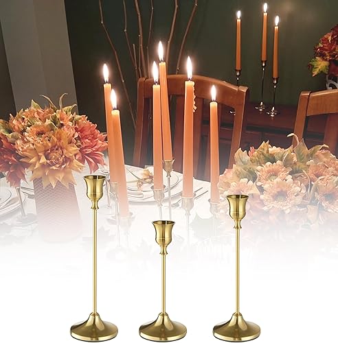 Miniatura 4 de Elegantes portavelas cónicos de metal, juego de 3, acabado dorado, diferentes alturas. Centro de mesa decorativo moderno para mesa, repisa, boda,
