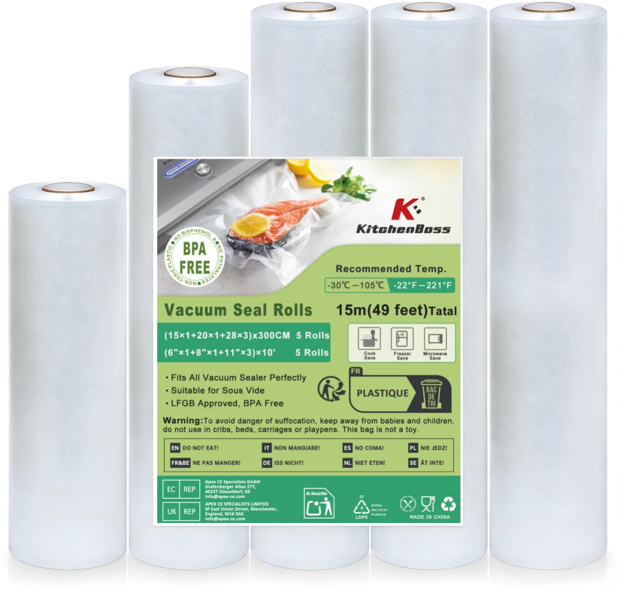 KitchenBoss Vacuum Packaging roll for Food, 5 Rolls 28x3/20x1/15x1/300cm
