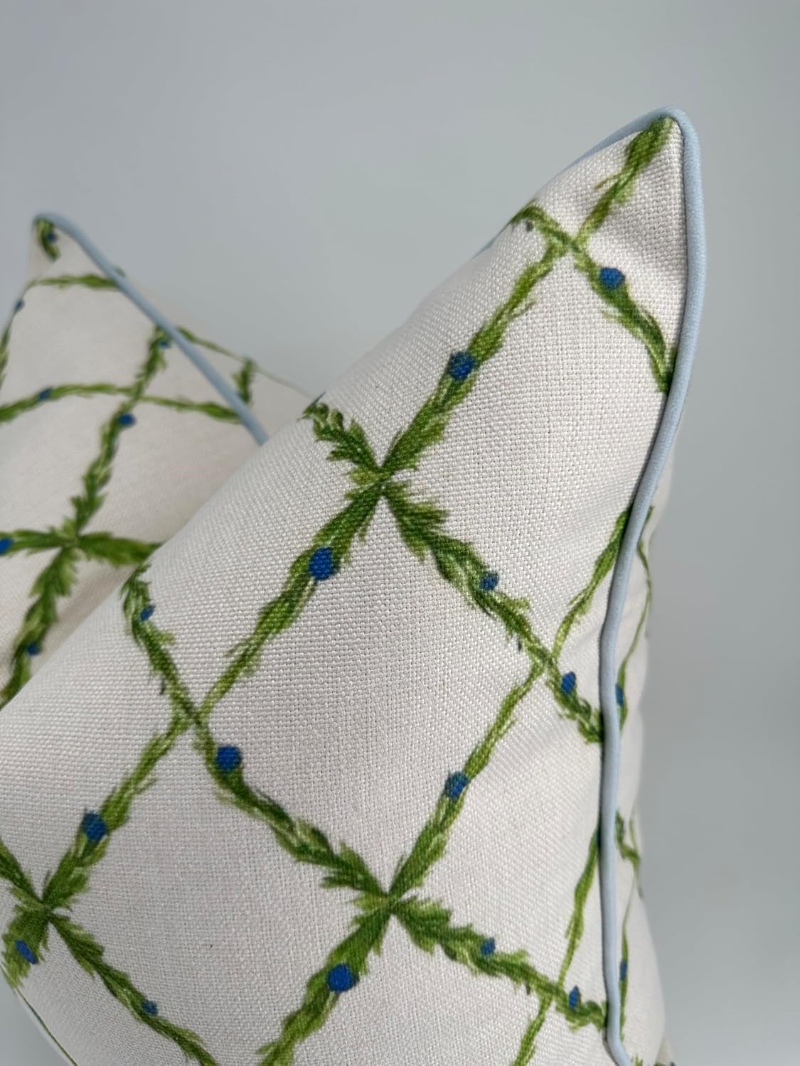 “The Lattice” Spring Decorative Festive Pillow Cover – Garden-Inspired White Accent Pillow Cover with Grey-Blue Pipping – Grandmillennial Home Decor, 20" x 20"