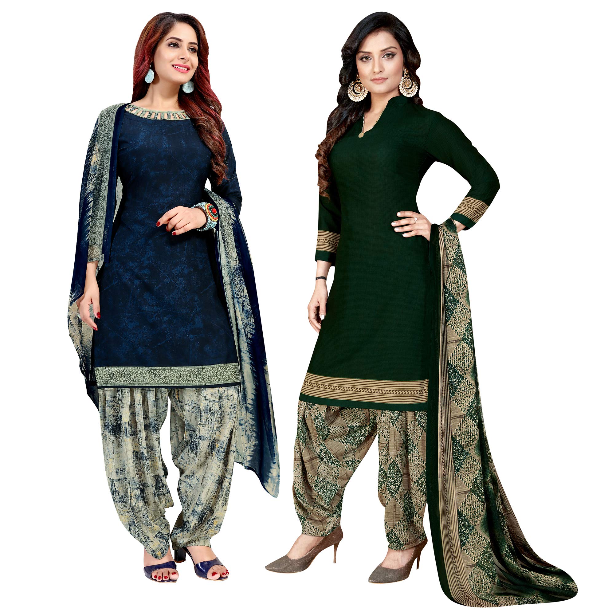 RajnandiniWomen's Blue And Dark Green Crepe Printed Unstitched Salwar Suit Material (Combo of 2)
