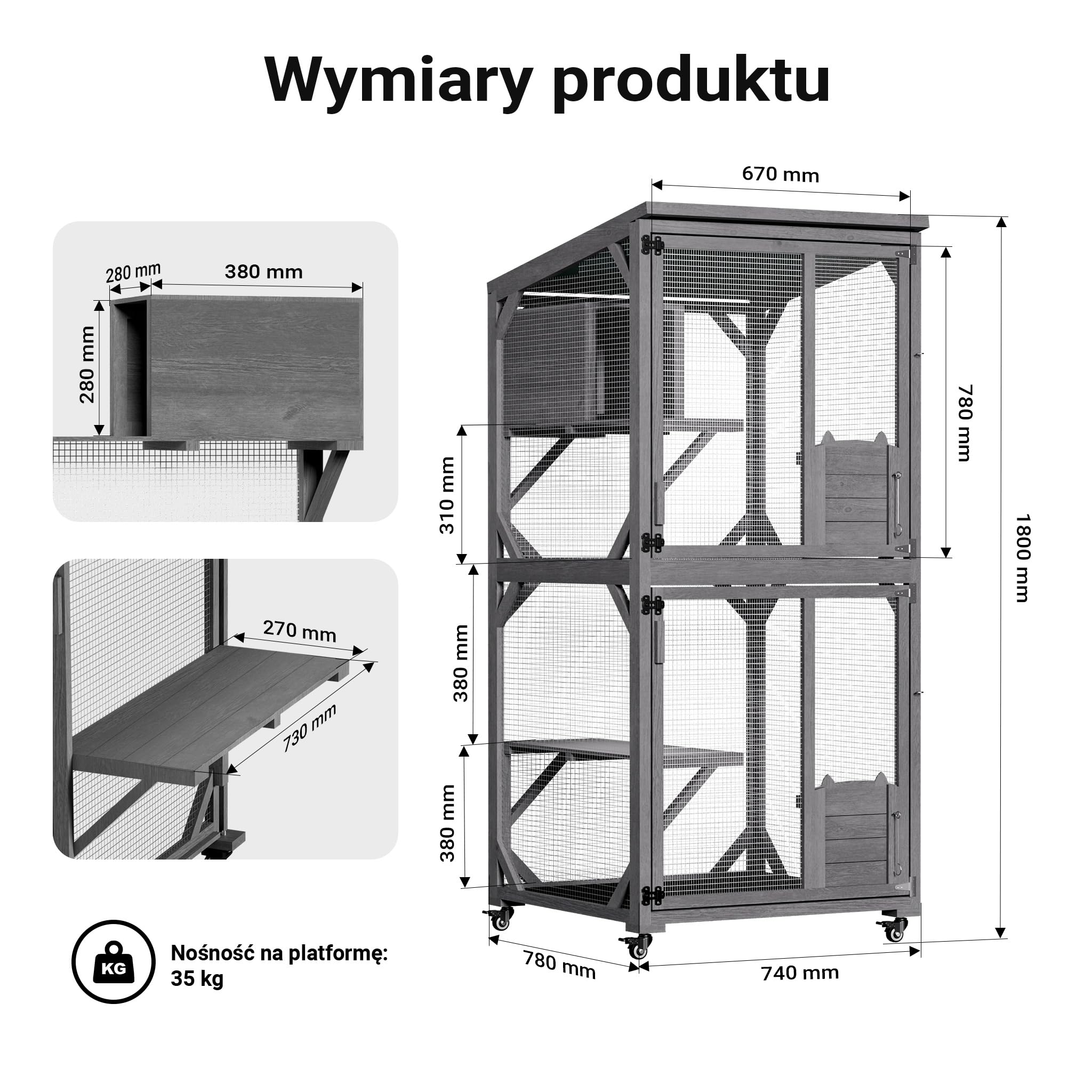 Wiltec Woliera dla kota 74 x 78 x 180 cm, z drewna na balkon i do ogrodu, wybieg z 3 poziomami i domkiem, całkowicie otwierana