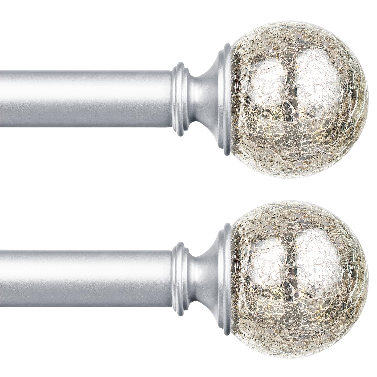KAMANINA 2 Pack Curtain Rod 32 to 58 Inches (2.6-4.8ft), Silver Curtain Rods for Windows, 7/8 inch Single Drapery Rods with Crackle Glass Finials