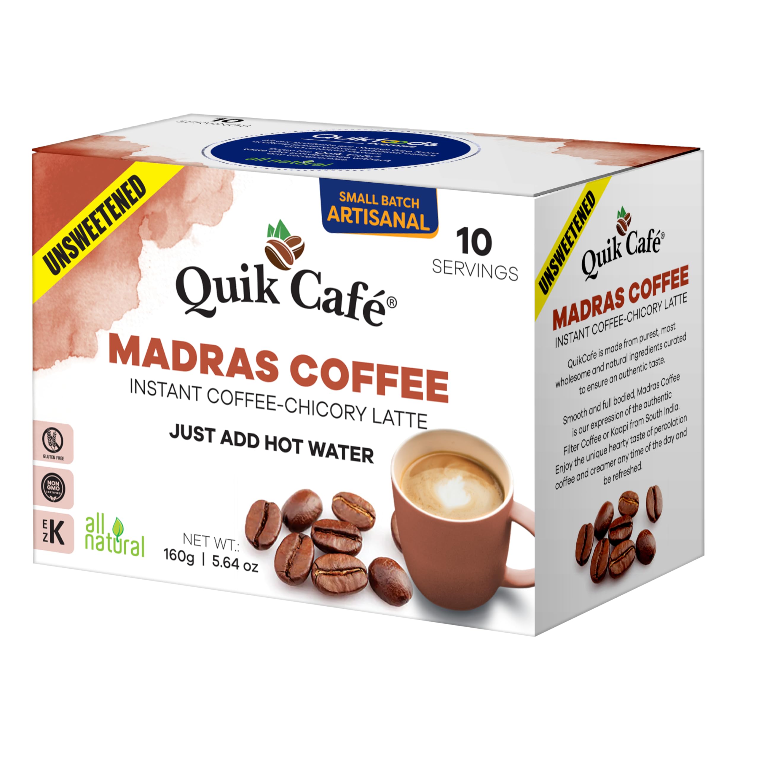 QuikCafé Madras Unsweetened Coffee – 10 Count, Instant Herbal Blend with Natural Ingredients, Caffeine-Light, Preservative-Free – Just Add Hot Water