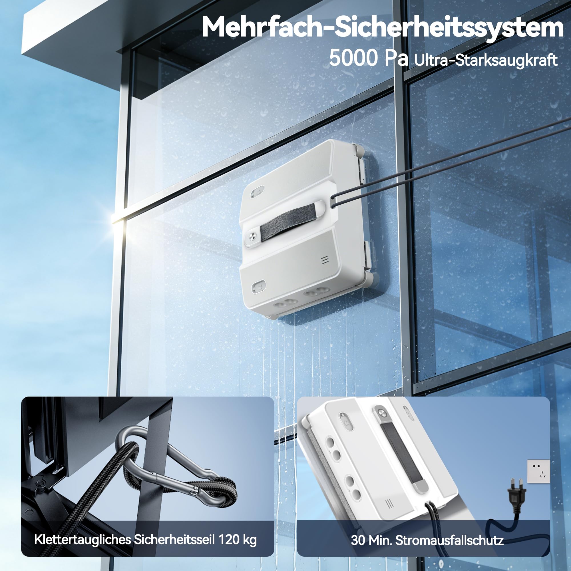 Fensterputzroboter mit 200ML Wassertank, Saugkraft 5000Pa, 8 Düsen Wassernebel, Leiser Betrieb, 3 Reinigungsmodi, Intelligente Wegplanung, Randerkennung, Inklusive 4 Reinigungstüchern