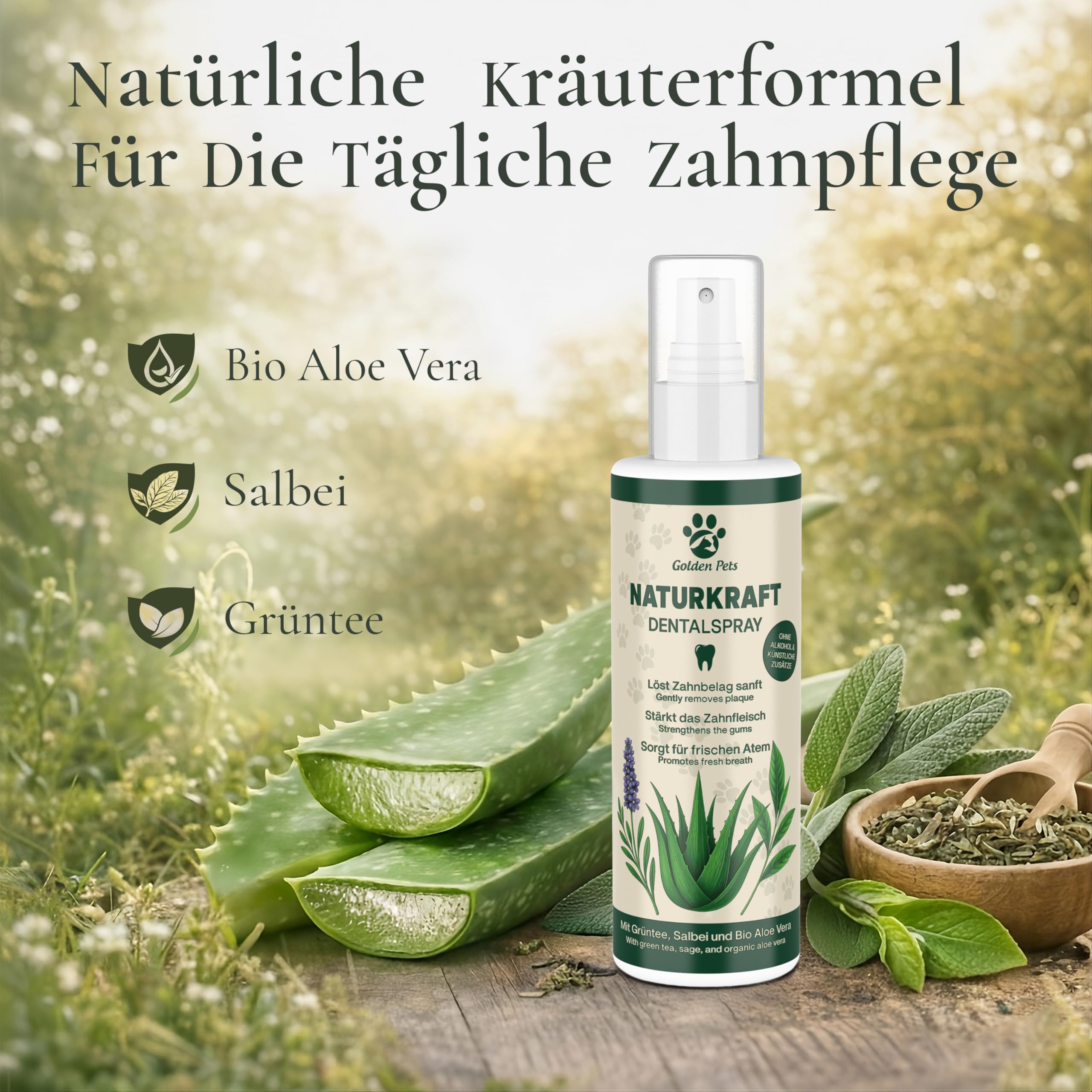 TESTNOTE SEHR GUT Dentalspray für Hunde & Katzen Mit BIO Aloe Vera, natürlichen Kräutern & Minze – Zahnspray Gegen Mundgeruch & Zahnstein Zahnfleischpflege 200 ml Golden Pets