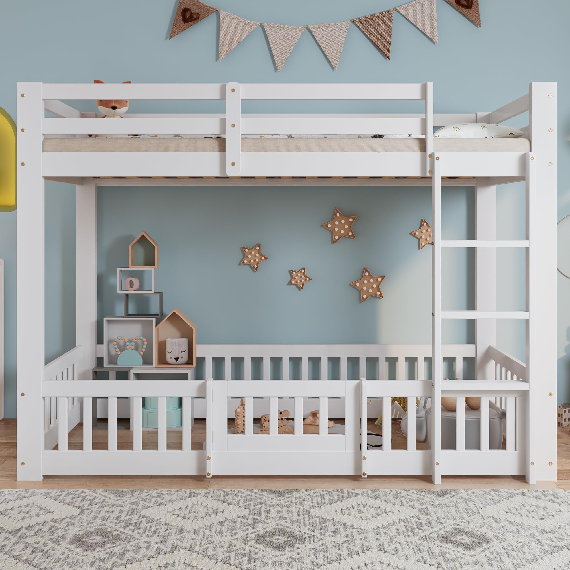 Etagenbett 90x200 cm, Kinderbett für 2 Kinder, Massivholz Einzelbett, Hochbett mit Rausfallschutz, Stockbett mit Zäune und Türchen, Jugendbett, ohne Matratze, Weiß