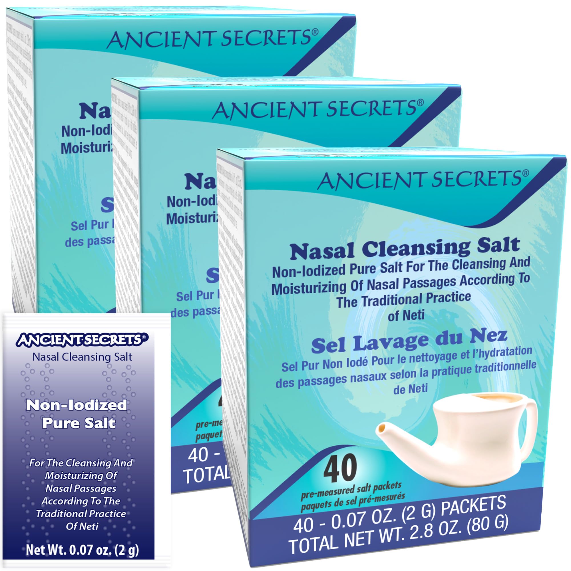 Ancient Secrets Nasal Cleansing Salt, Non-Iodized, 3-Pack – USP-Grade Sodium Chloride, 40 Pre-Measured Packets per Box for Any Neti Pot, Sinus Irrigation System + Bonus Pack