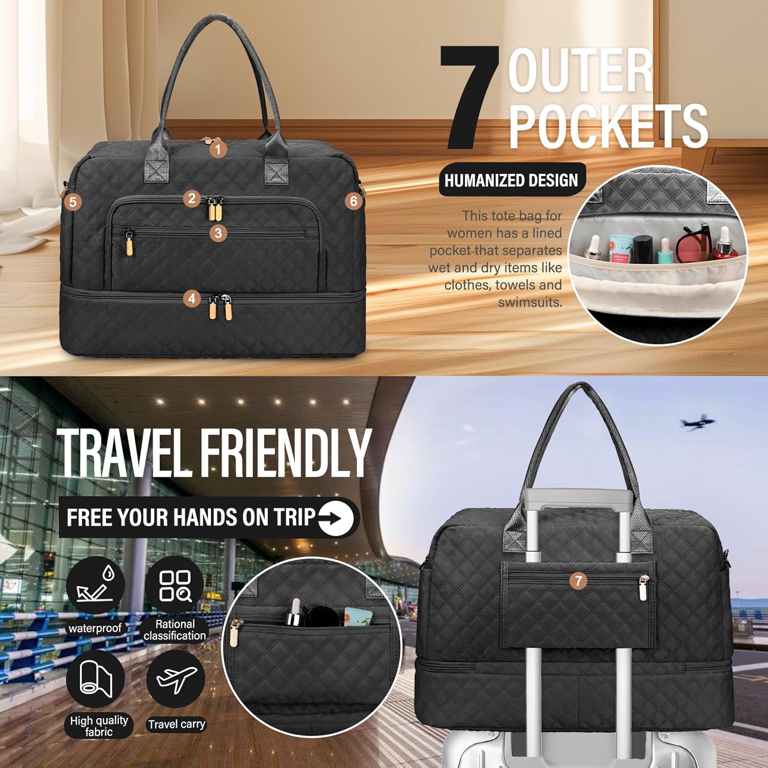 Large Travel Duffle Bag for Women,Carry on Overnight Bag Weekender Bags with Toiletry Bag Travel Bags for Women with Shoe Compartment for Gym Business Trips Sport Hospital(Black) - Image 4