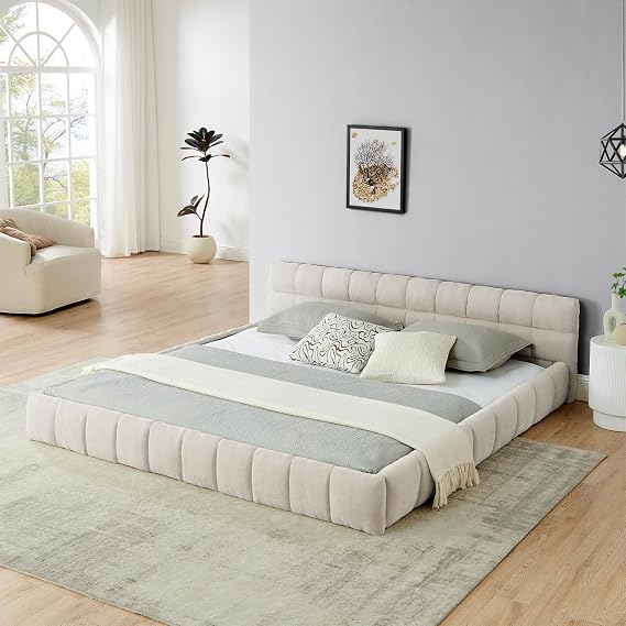King Bed Frame, Upholstered Platform Bed with Headboard, Chenille Fabric Grounded King Size Platform Bed with Wooden Slats Support, No Box Spring Needed, Noise-Free, Easy Assembly, Beige