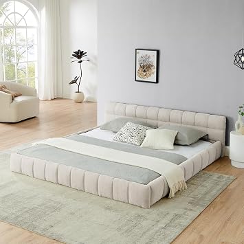 King Bed Frame, Upholstered Platform Bed with Headboard, Chenille Fabric Grounded King Size Platform Bed with Wooden Slats Support, No Box Spring Needed, Noise-Free, Easy Assembly, Beige
