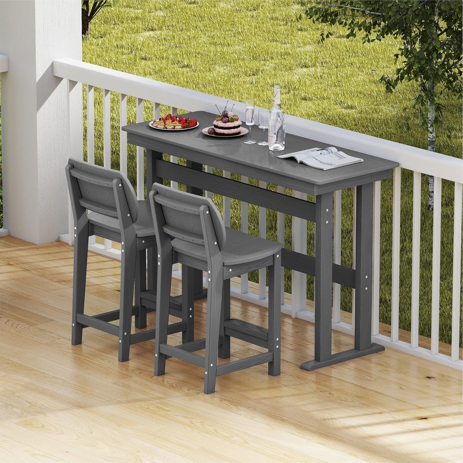 3-Piece Outdoor Patio Bar Table and Chairs Set, All-Weather HDPE High Top Table with 2 Armless Bar Stools, HDPE Bar Furniture Set for Outside, Poolside, Backyard, Garden (Grey)