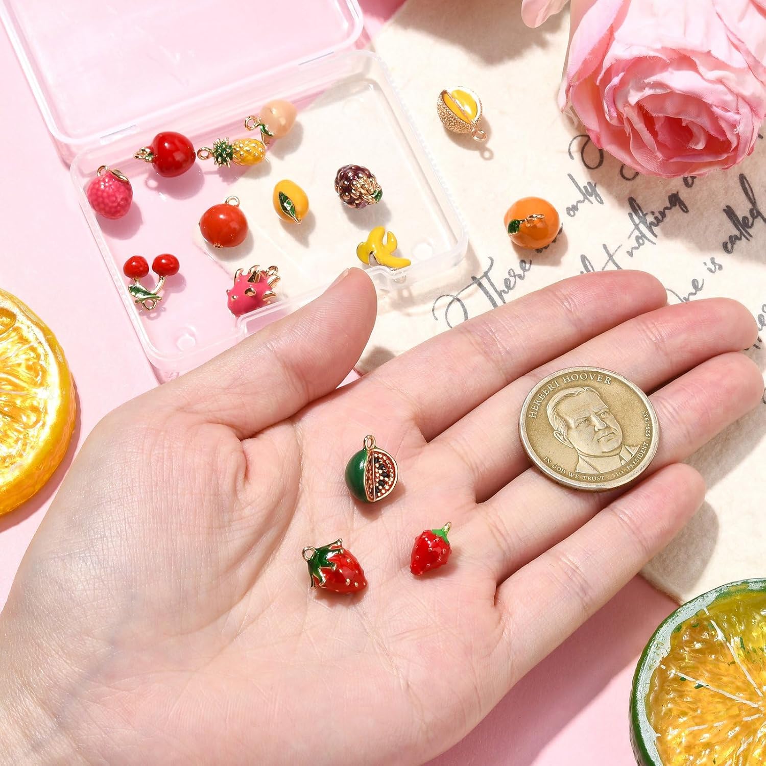 Ornazy 15 pcs 15 Styles Enamel Dangle Fruit Charms Cute 3D Apple Mango Durian Orange Banana Grape Strawberry Pineapple Pitaya Cherry Charms for Jewelry Making Keychains Earrings - Image 4