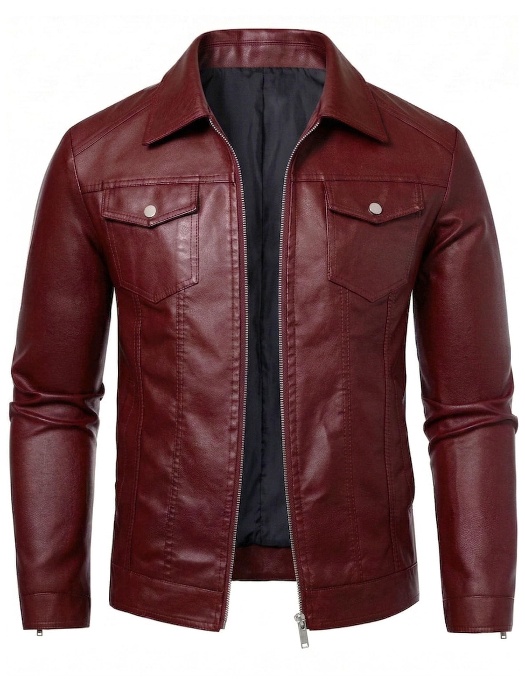 Veste en cuir synthétique pour homme - Coupe-vent - Pour motard - Noir
