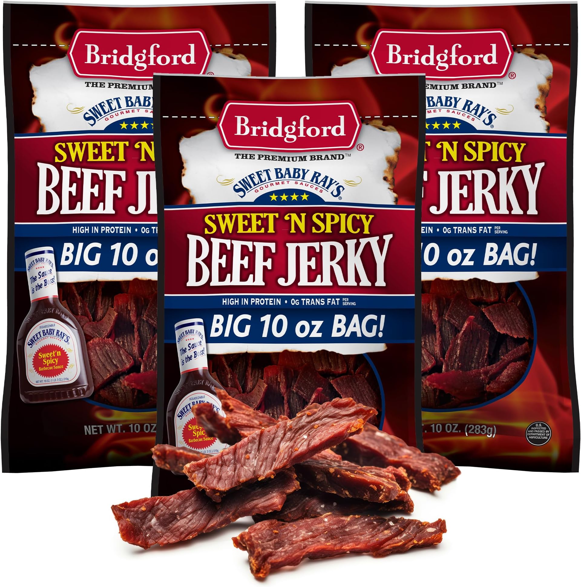 Bridgford Sweet Baby Rayโs Beef Jerky Sweet N Spicy 10 oz Pack of 3 - High Protein Sweetened Spicy Beef Jerky for Your Dietary Preference - Ready-to-Eat Snacks for On-the-Go Snacking