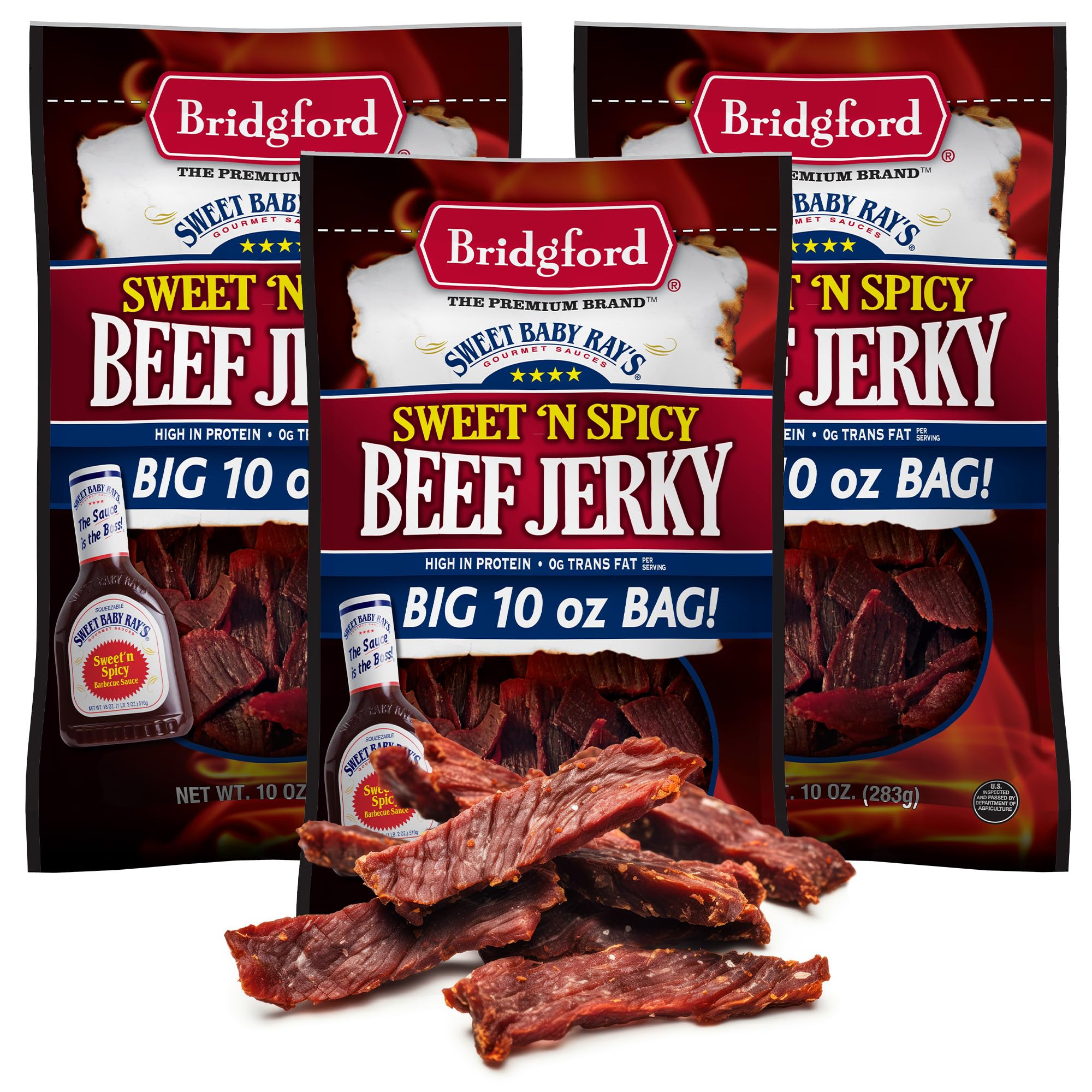 Bridgford Sweet Baby Ray’s Beef Jerky Sweet N Spicy 10 oz Pack of 3 - High Protein Sweetened Spicy Beef Jerky for Your Dietary Preference - Ready-to-Eat Snacks for On-the-Go Snacking