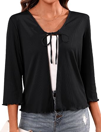 Aiboria Womens Tie Front Shrug 3/4 Sleeve Ribbed Bolero Lightweight Cropped Cardigan S-XXL