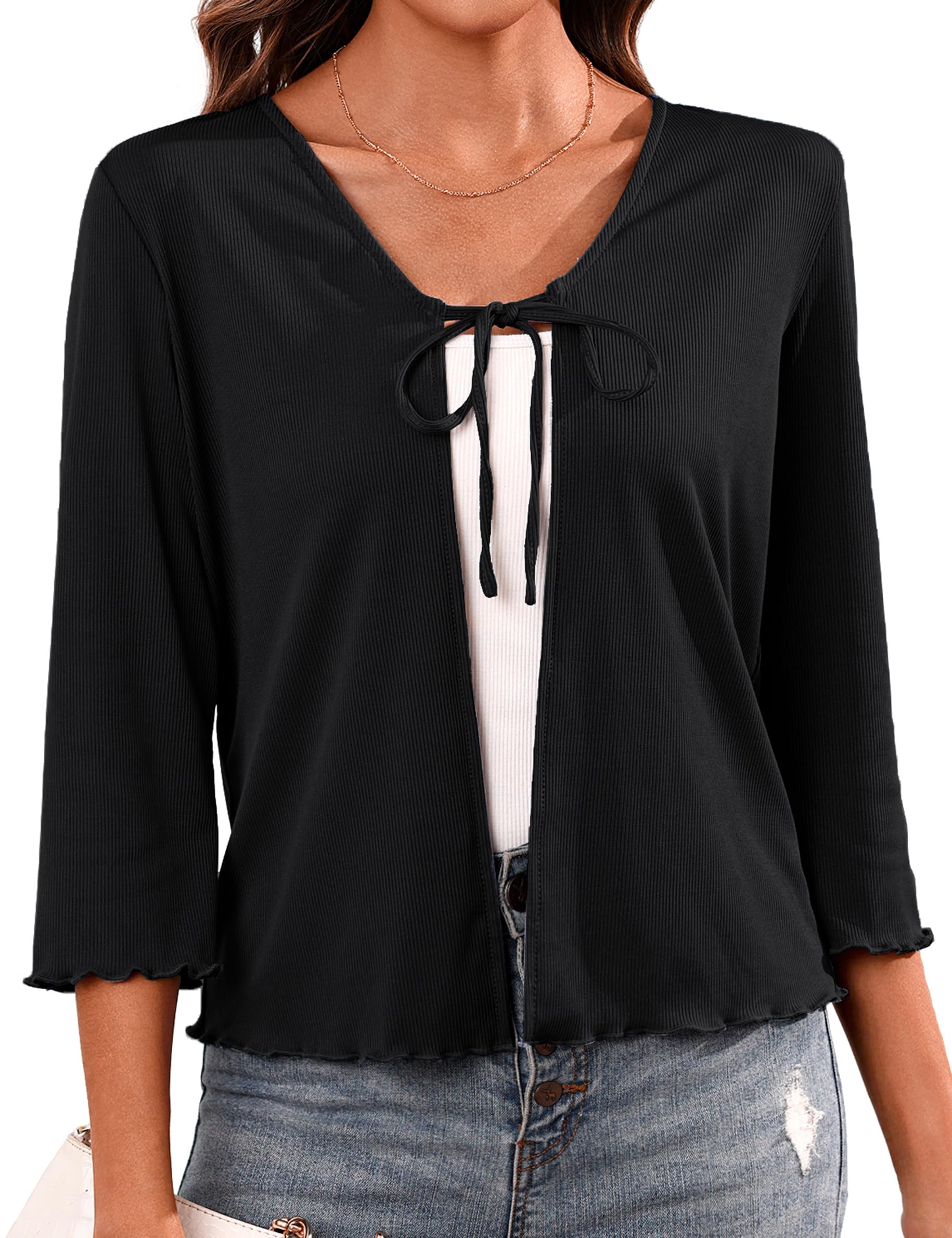 Aiboria Women's Tie Front Shrug 3/4 Sleeve Ribbed Bolero Lightweight Cropped Cardigan S-XXL