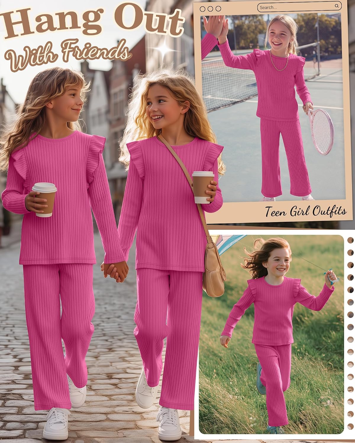 Girls 2 Piece Outfits Kids Long Sleeve Crew Neck Ribbed Ruffle Tops and Wide Leg Pants Set Fall Teen 5-14 Years