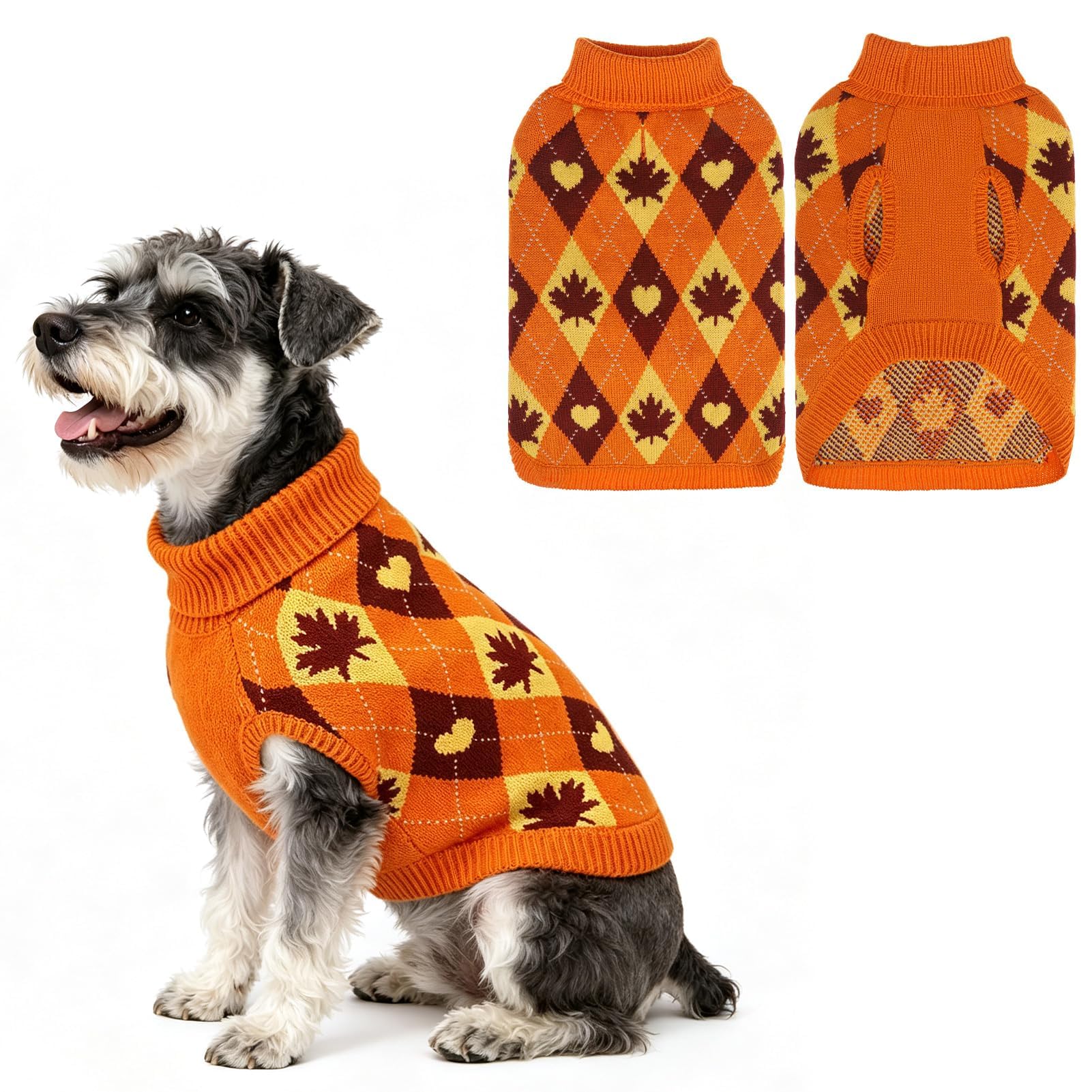 EXPAWLORER Turtleneck Knitted Autumn Dog Jumper in Argyle, Maple Leaf S