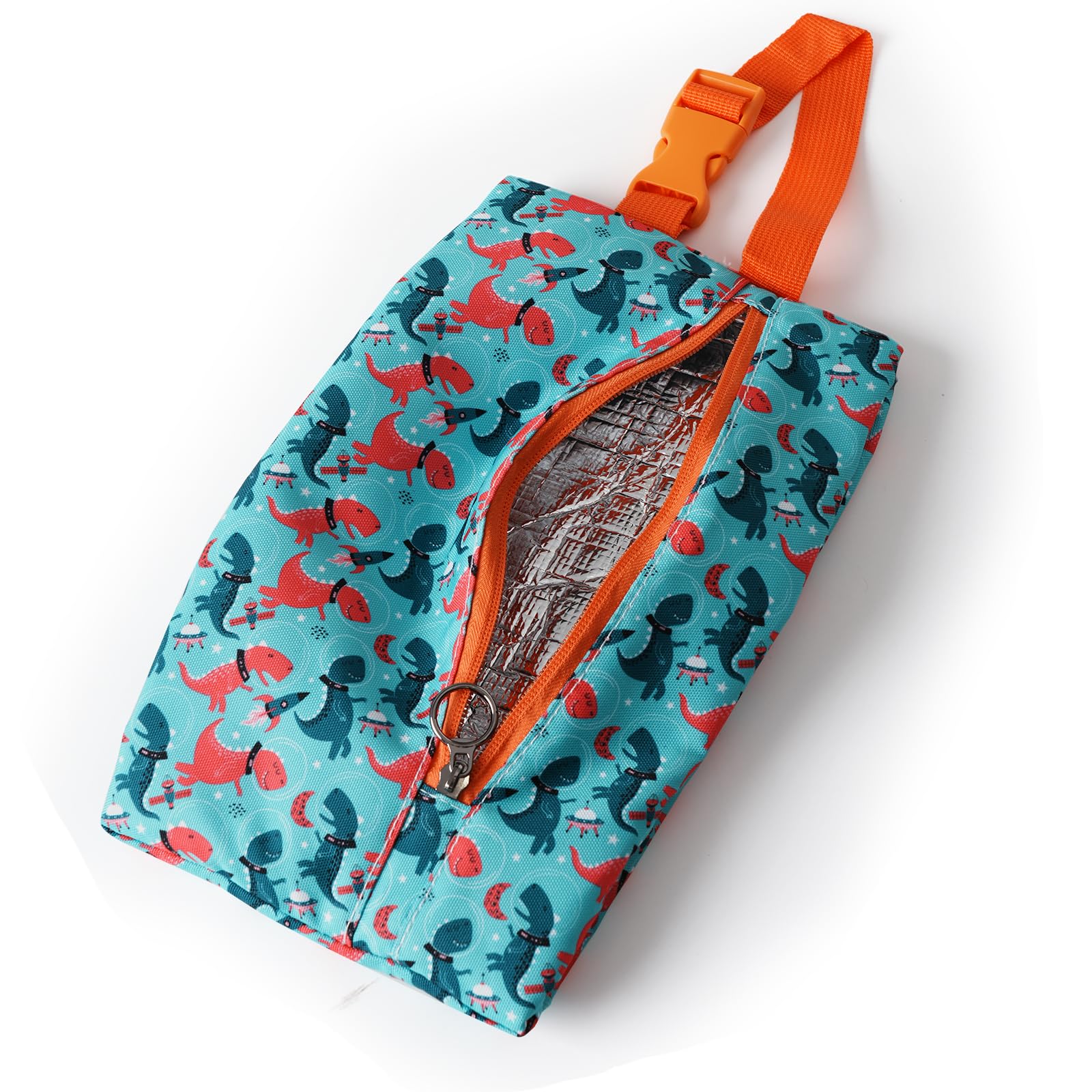 Maplerich Insulated Snack Bag, Freezable Small Cooler Bag with Zipper and Adjustable Buckle, Rectangular Thermal Cooler Bag (Dinosaur Astronauts)