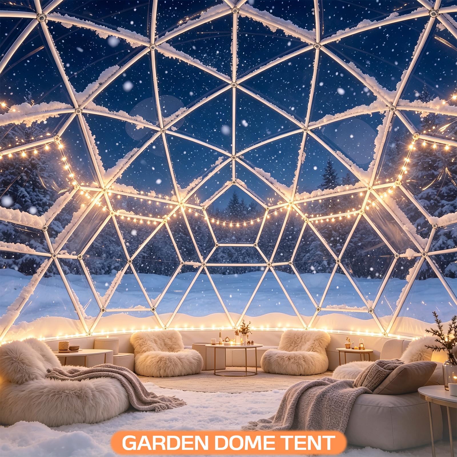 3,6M x 2,2M Gewächshaus Gartenkuppel Igloo, TPU Geodätische Blasenzelt für 8 Personen, Gartenblasenzelt Gartenkuppel Igloo mit 2 Lichterketten, Durchsichtiges Kuppelzelt für Hinterhof, Hochzeit, WEISS