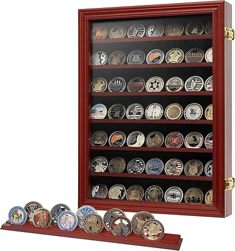Estuche expositor de 7 filas con vidrio templado HD con capacidad para 100 monedas, gabinete de sombra militar para montaje en pared con estantes