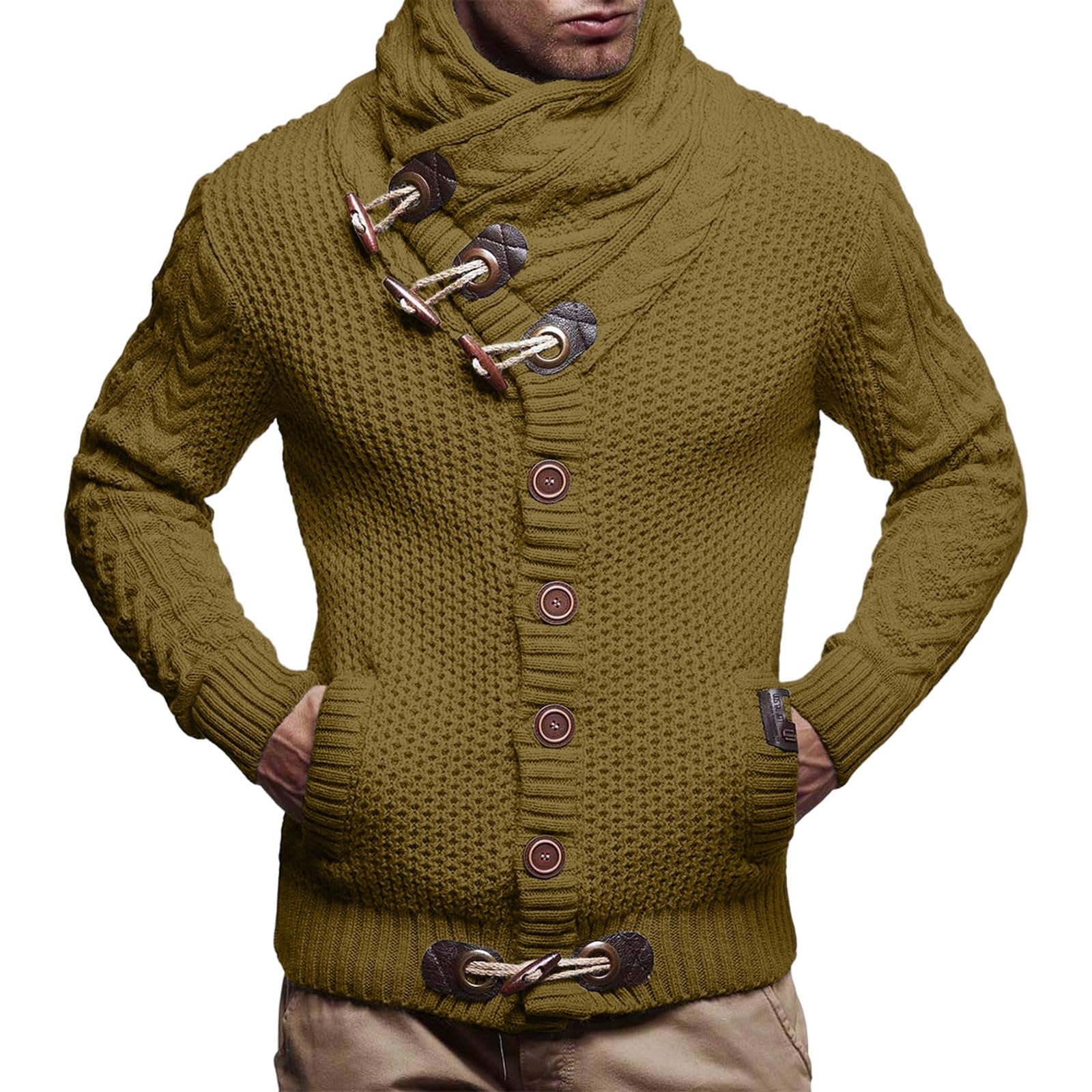 Greabuy Suéter de punto trenzado para hombre, cuello alto, térmico, cálido, con cremallera, casual, a la moda, cuello alto, ropa de invierno