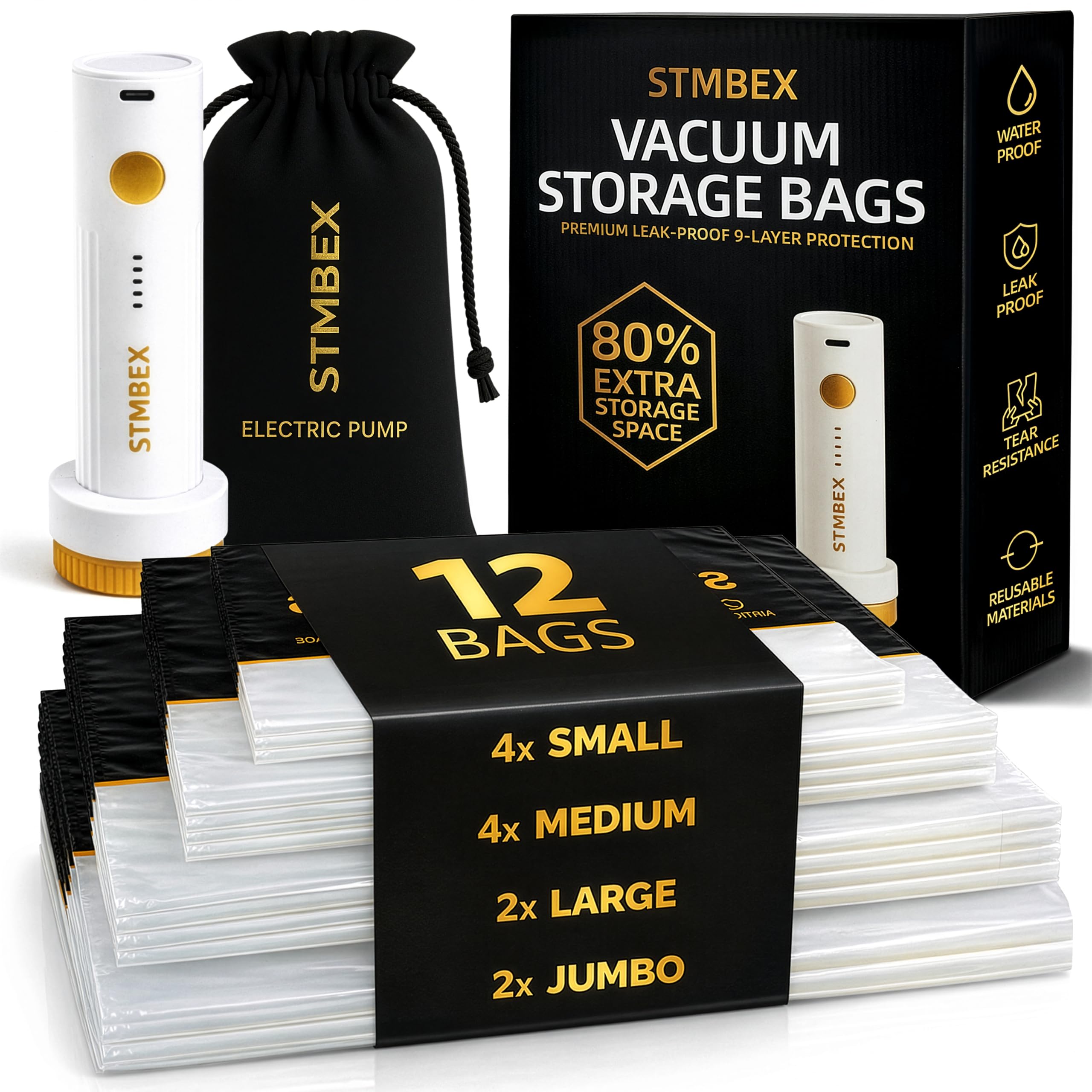12 Pack Vacuum Storage Bags with Electric Pump for Travel, Clothing & Home