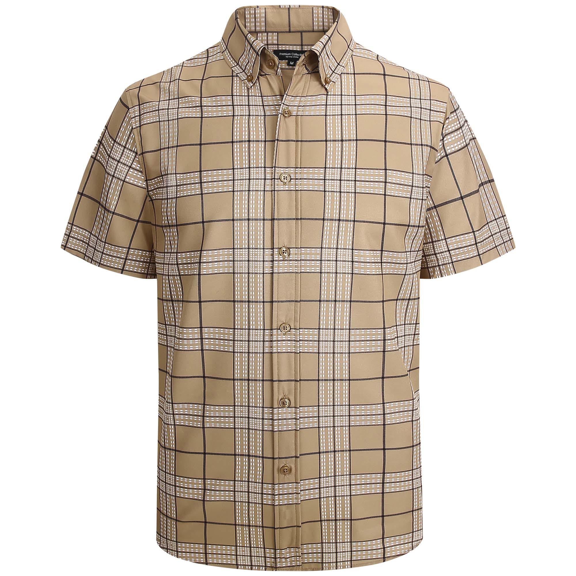 WARHORSEE Men's Plaid Button Down Shirts Short Sleeve 4-Way Stretch Dress Shirts for Men Business Casual Shirts