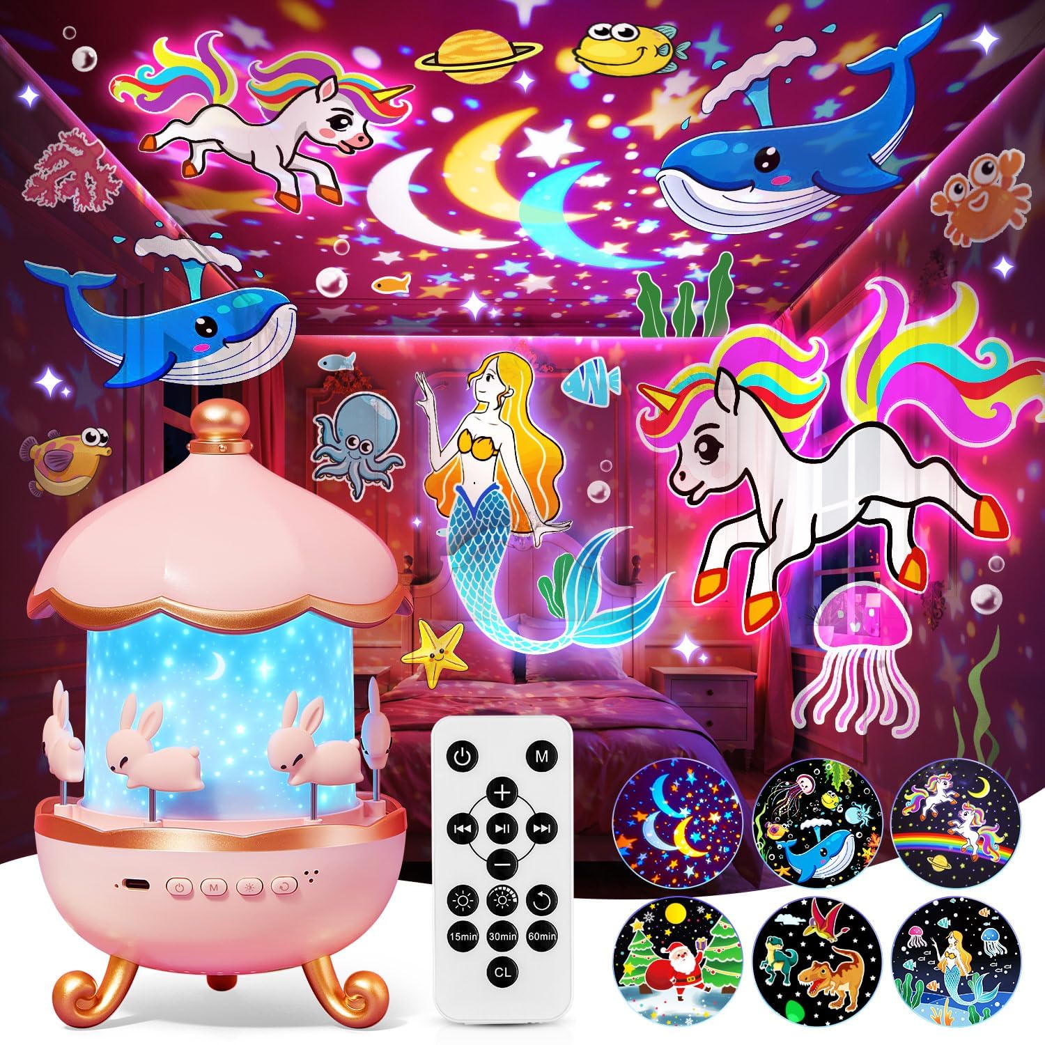 Spielzeug für Mädchen - Sternenhimmel Projektor Kinder, Einhorn-Spielzeug & Geschenk, Nachtlicht mit 315 Modi & 15 Melodien als Einschlafhilfe, 360° Projektor mit Timer und wiederaufladbarem Akku