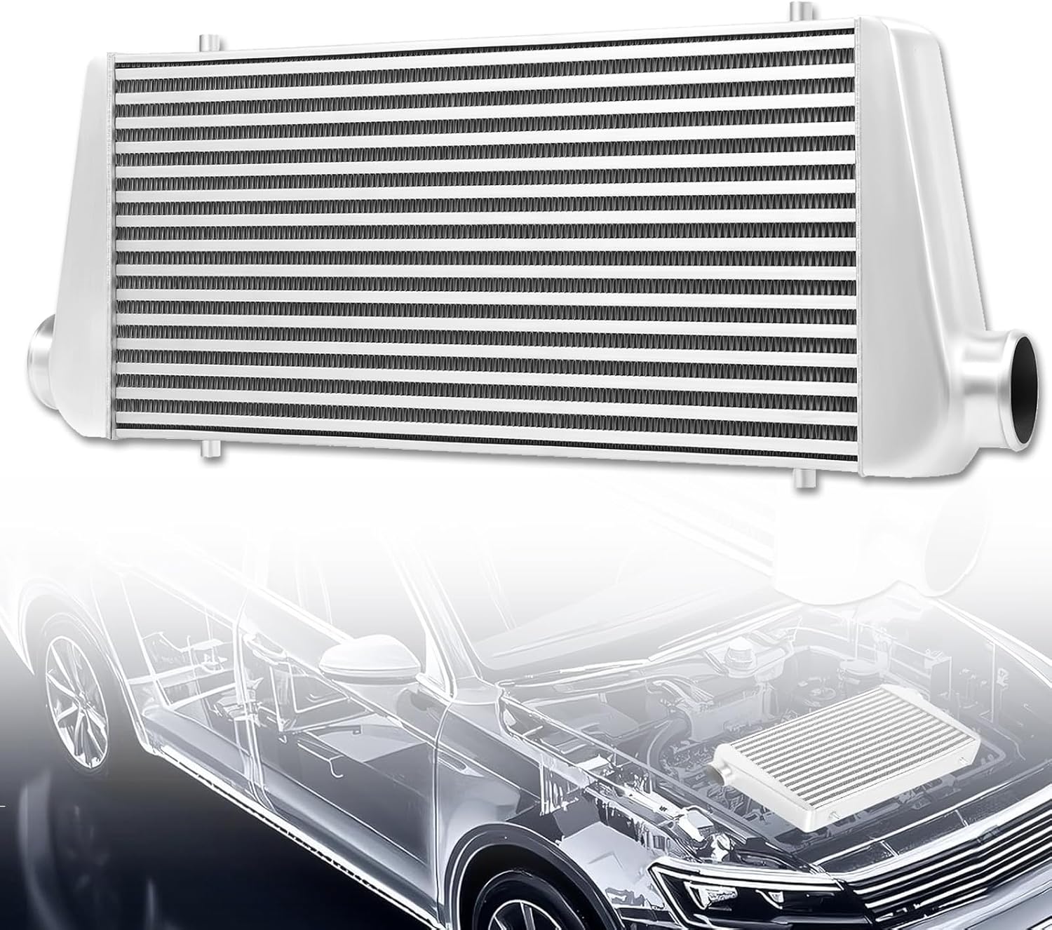 Universal Intercooler Charge Air Cooler, 3 Inlet & Outlet Aluminum Intercooler, 24x12x3.5", 5~50PSI, for any Turbo Charger System