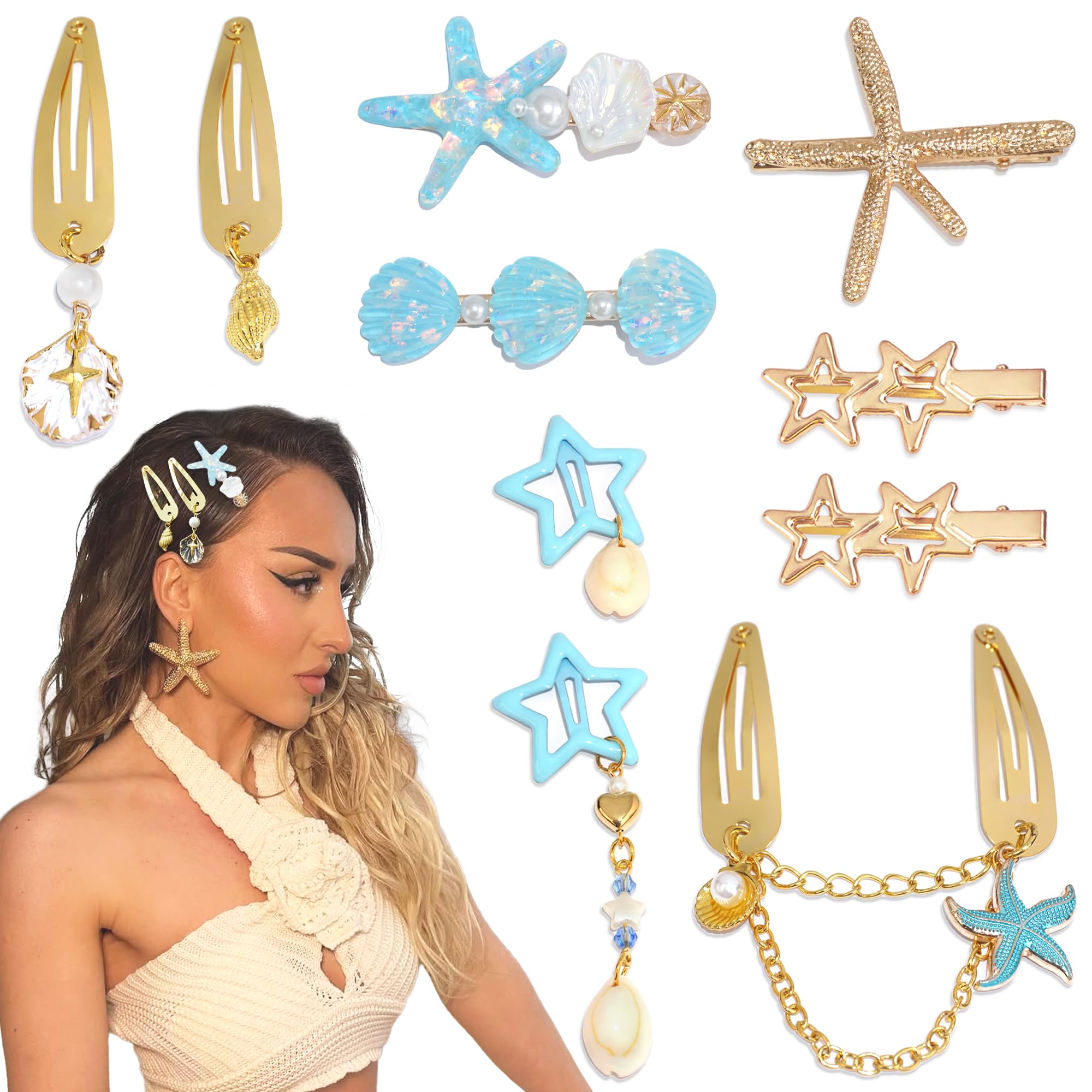 10 pinzas para el pelo con diseño de estrella de mar azul brillante dorado con conchas marinas Y2K, accesorios para el cabello para mujeres y niñas