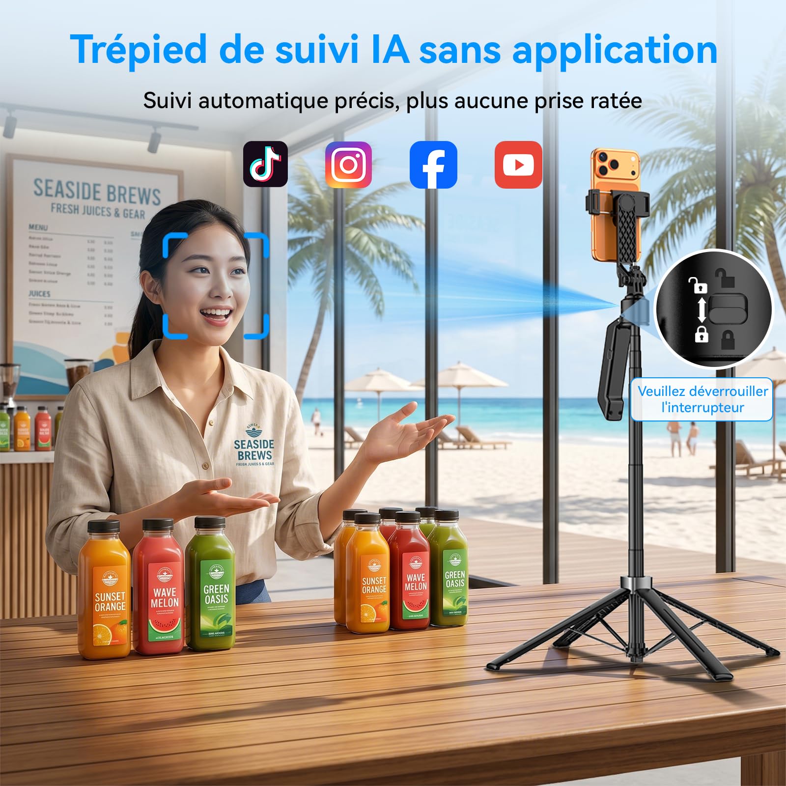 Trépied Smartphone à Suivi Automatique du Visage Rotation 360°