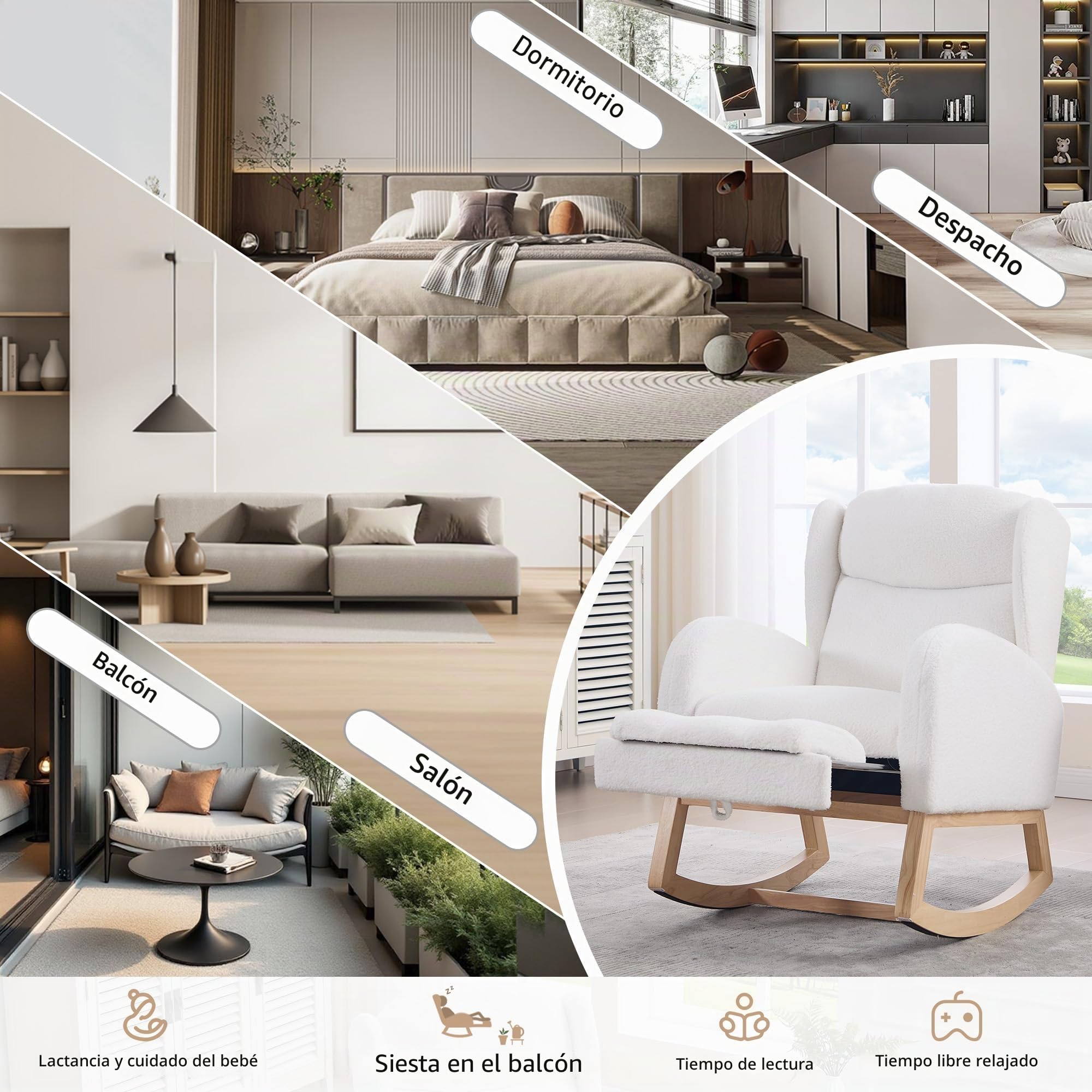 Mecedora, silla de lactancia, sillón de salón con estructura de madera, reposapiés ajustable, respaldo alto, tela teddy, con bolsillo, cómoda silla de acento para dormitorio, salón (blanco)