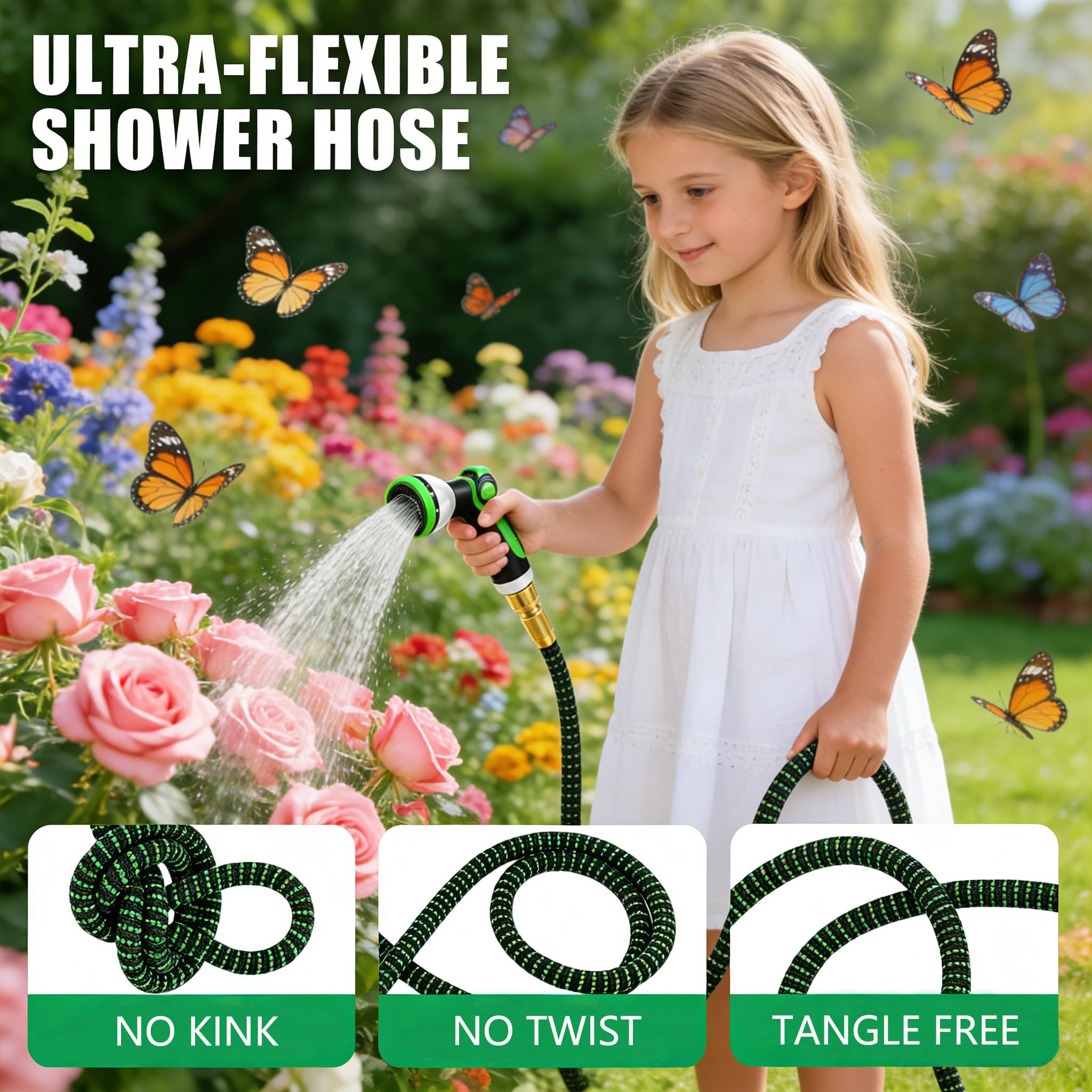 Tubo da irrigazione estensibile 37,5 M/125 FT con 10 modelli di spruzzatura, adatto per rubinetti da 1/2" e 3/4" Raccordi in metallo durevoli per giardino, irrigazione, pulizia