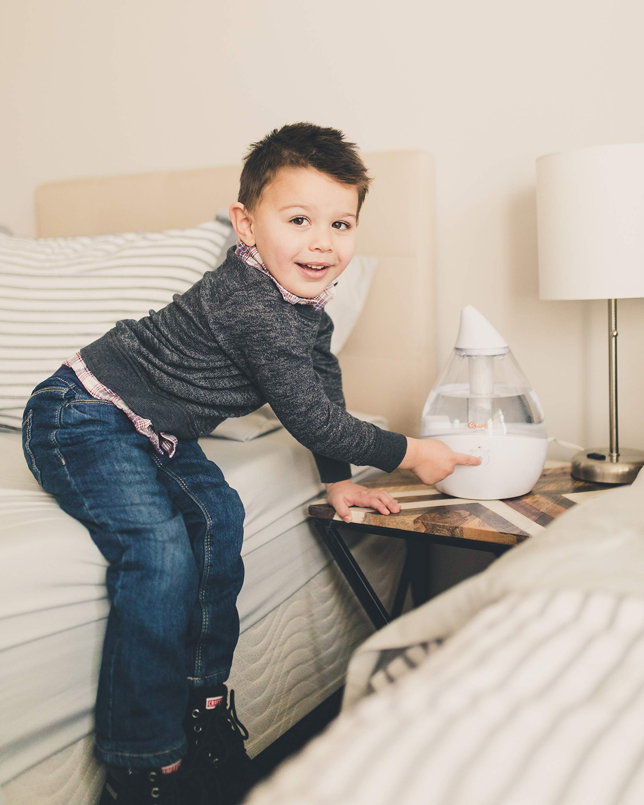 Crane Droplet Ultrasonic Small Air Humidifiers for Bedroom and Office, .5 Gallon Cool Mist Humidifier for Plants and Home, Humidifier Filters Optional, Clear and White