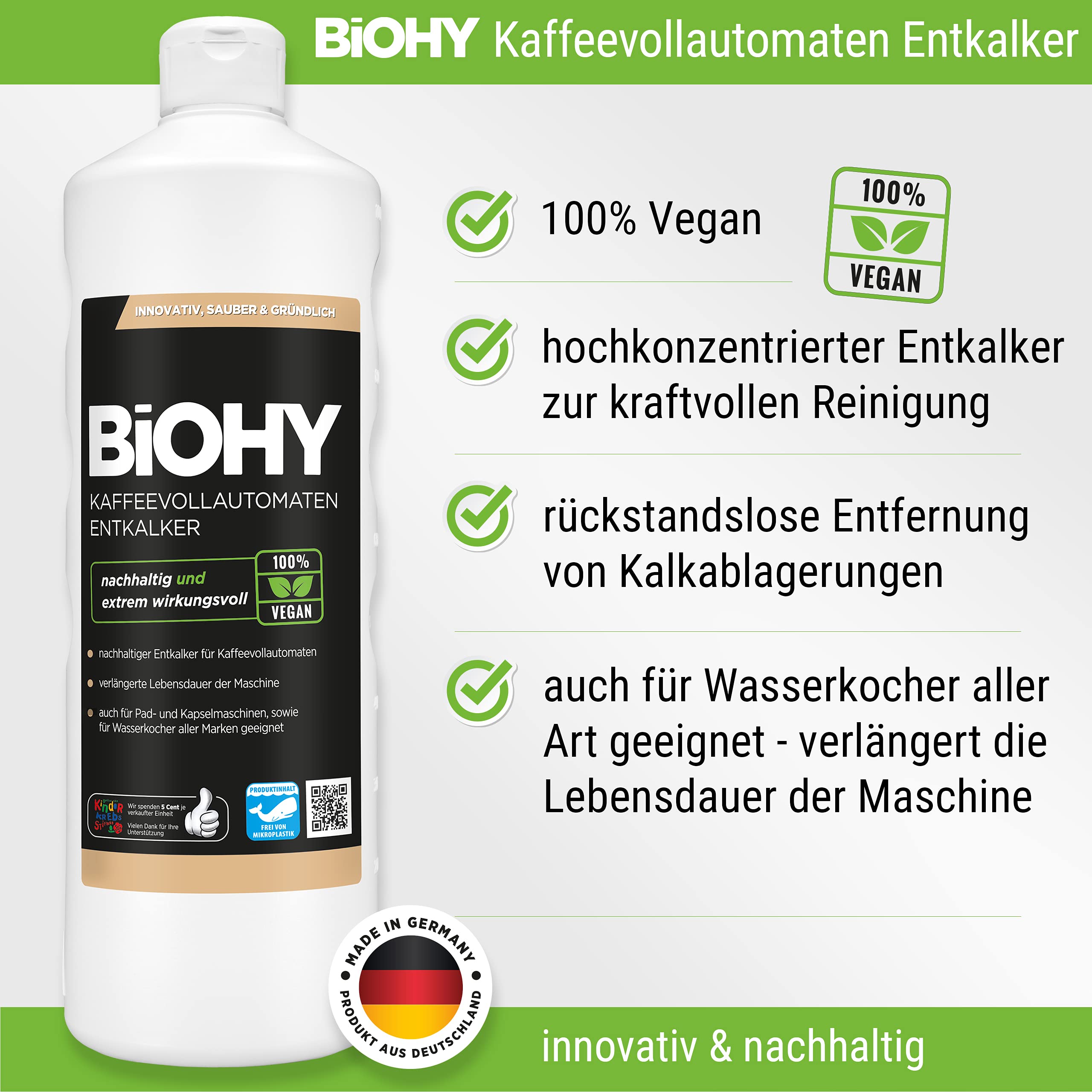 BiOHY Juego de descalcificador para cafeteras automáticas | Descalcificador de café botella de 1 litro | Pastillas de limpieza 40 unidades | Incluye dosificador