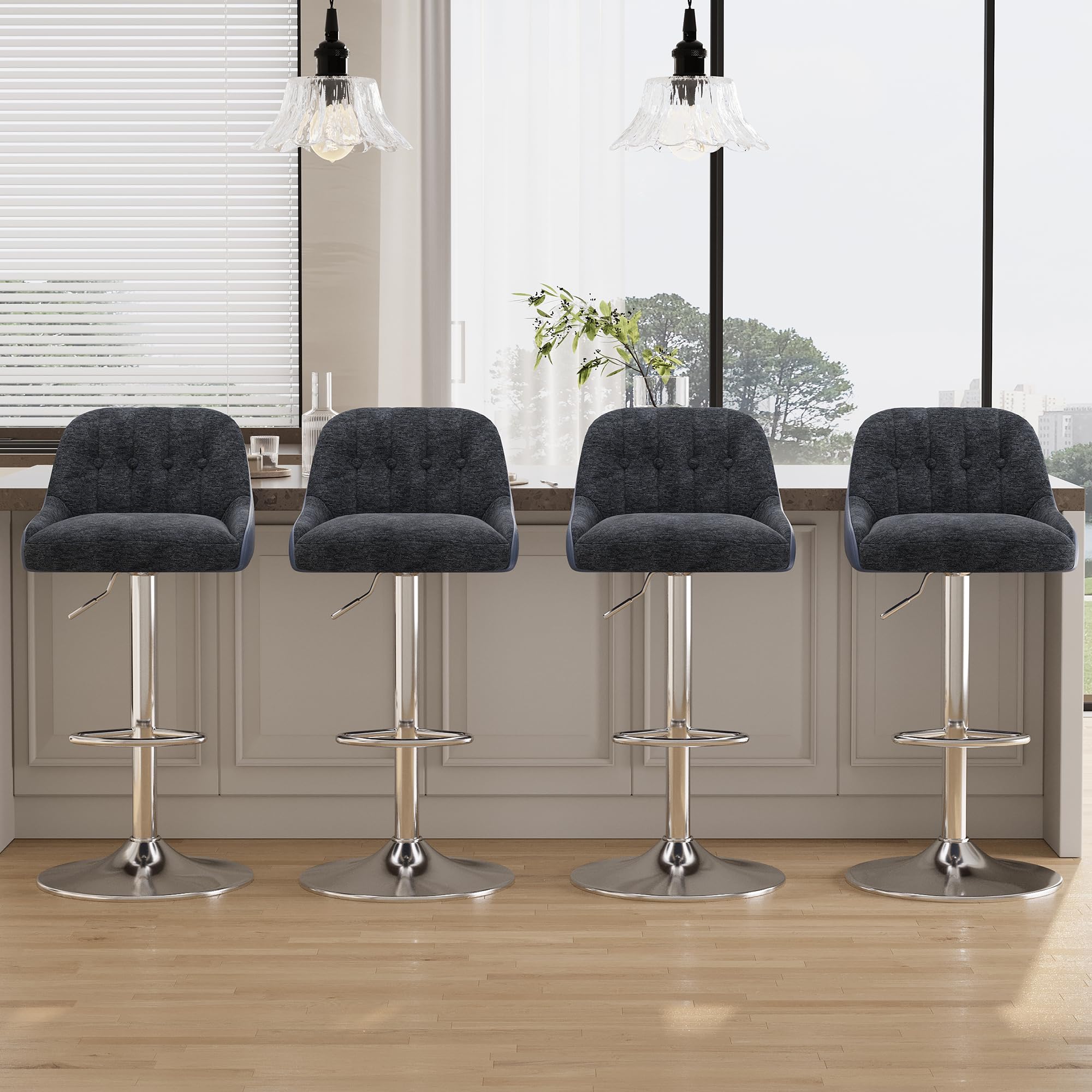 Adjustable Bar Stools Set of 4, Swivel Counter Stools with Backrest, Chenille & Faux Leather Upholstered Bar Chairs, Height Adjustable Kitchen Breakfast Bar Stools, Chrome Metal Base,Blue