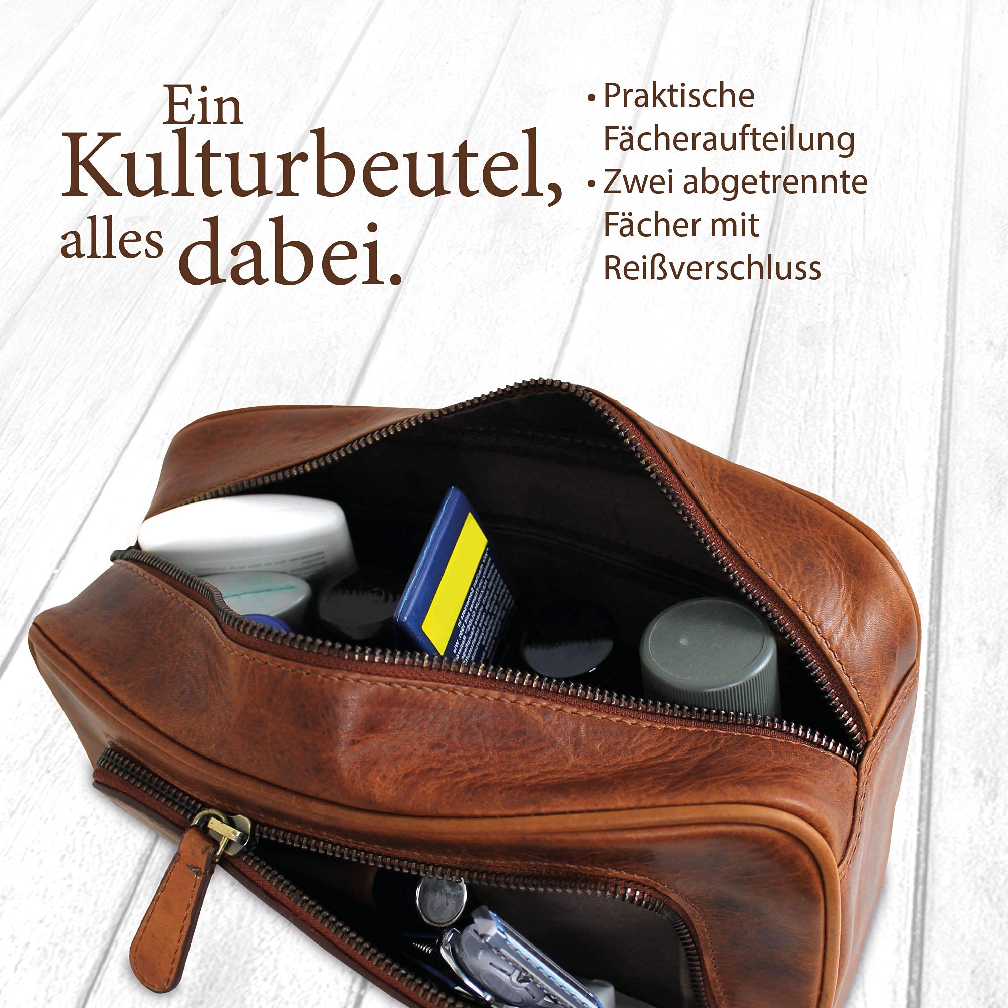 Corno d´Oro Beauty case da viaggio uomo in vera pelle, trousse per bagno toilette portaoggetti organizer marrone artigianale