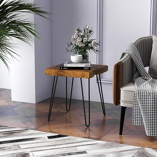 Miniatura 2 de GOFLAME Mesa auxiliar cuadrada, mesa auxiliar para interiores y exteriores con parte superior de madera de teca maciza y patas de metal, mesa de