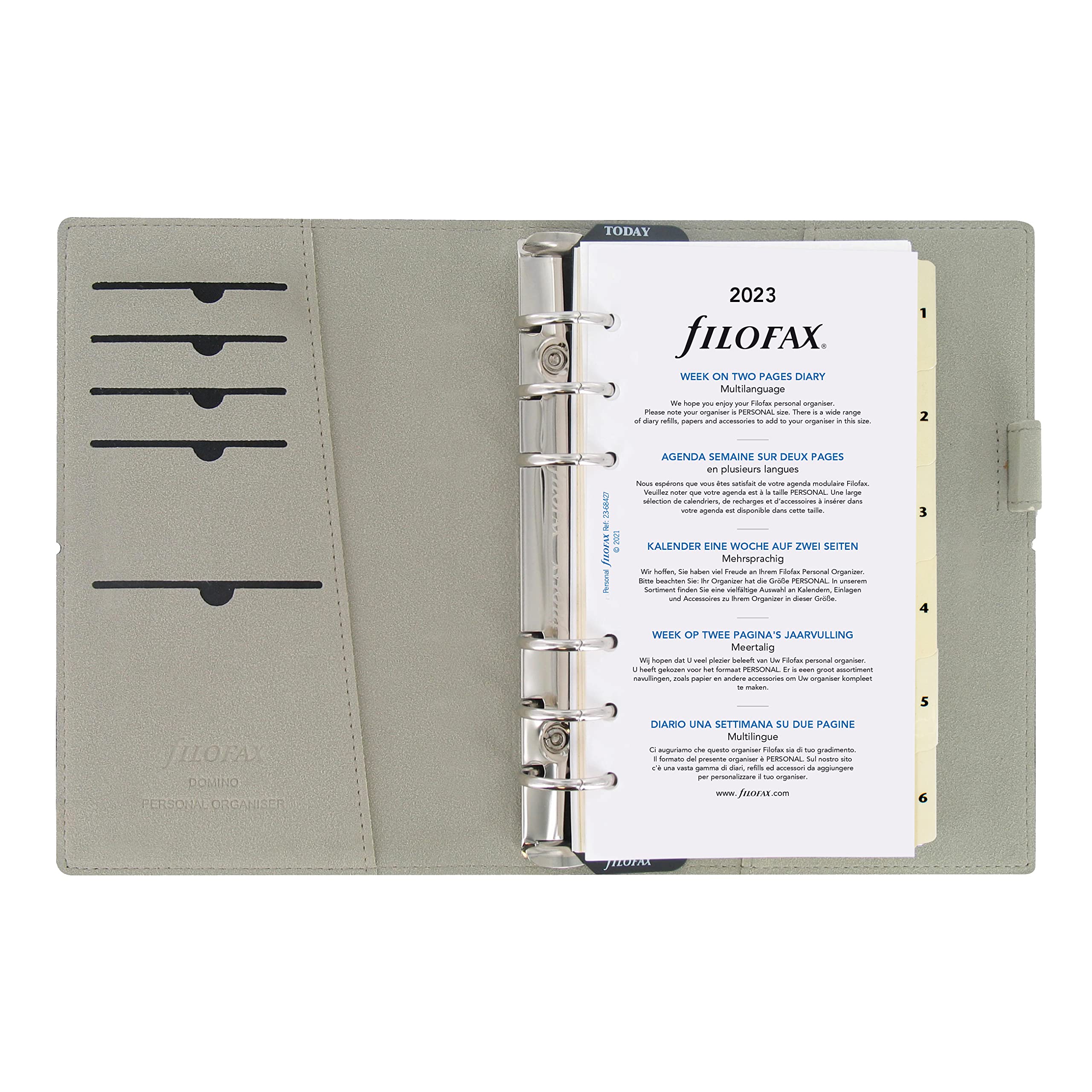 Filofax DOMINO Organizer Persönliche Größe Schwarz Lederoptik mit Kontrastnähten Sechs Ringe Wochenkalender Kalender Kalender Mehrsprachig 2024 (C027802-24)