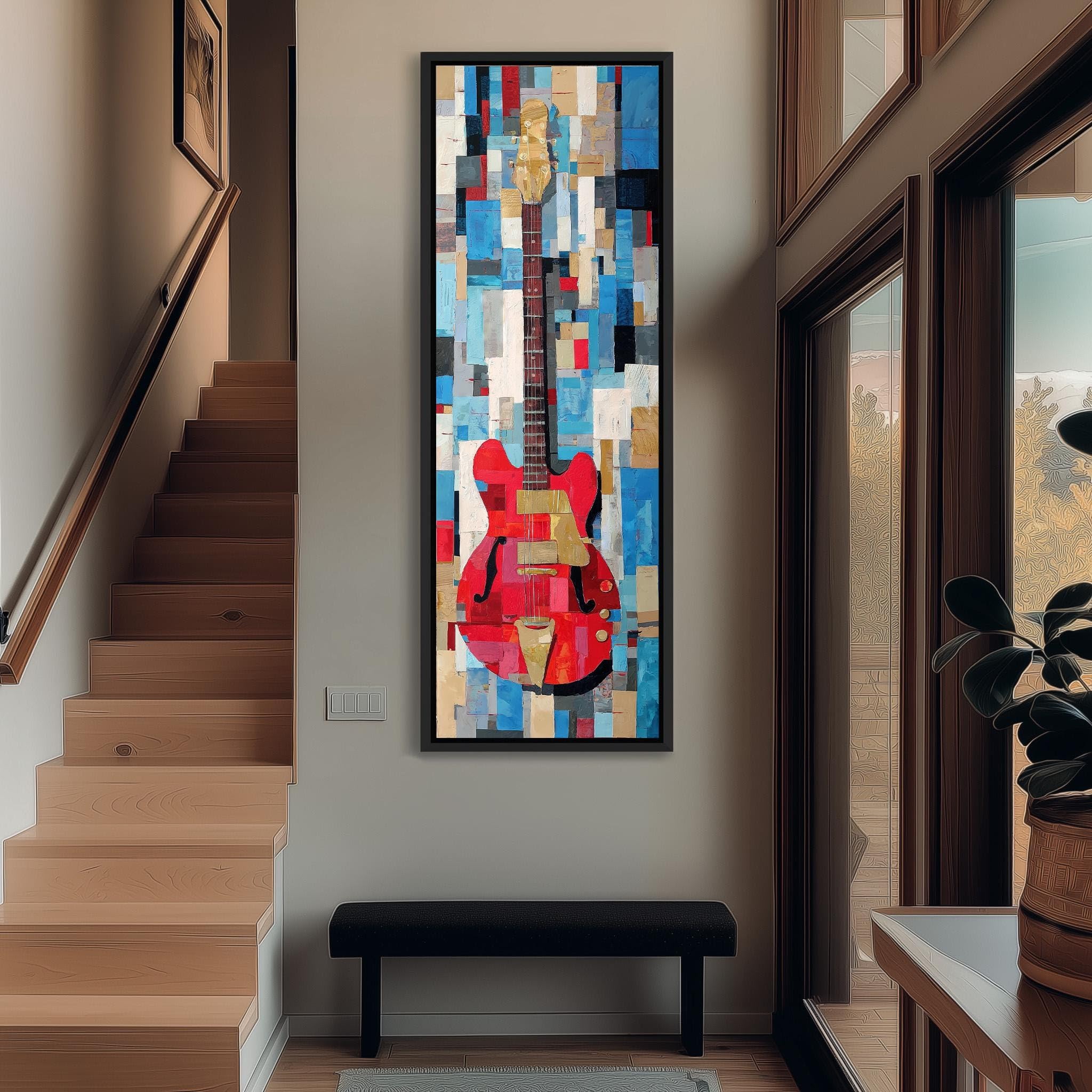 XINBAO Czerwony obraz gitarowy, pionowa kubistyczna sztuka muzyczna, wysoki i wąski instrument muzyczny na płótnie, kolorowa dekoracja, geometryczny nadruk muzyka (40 x 120 cm/bez ramki)