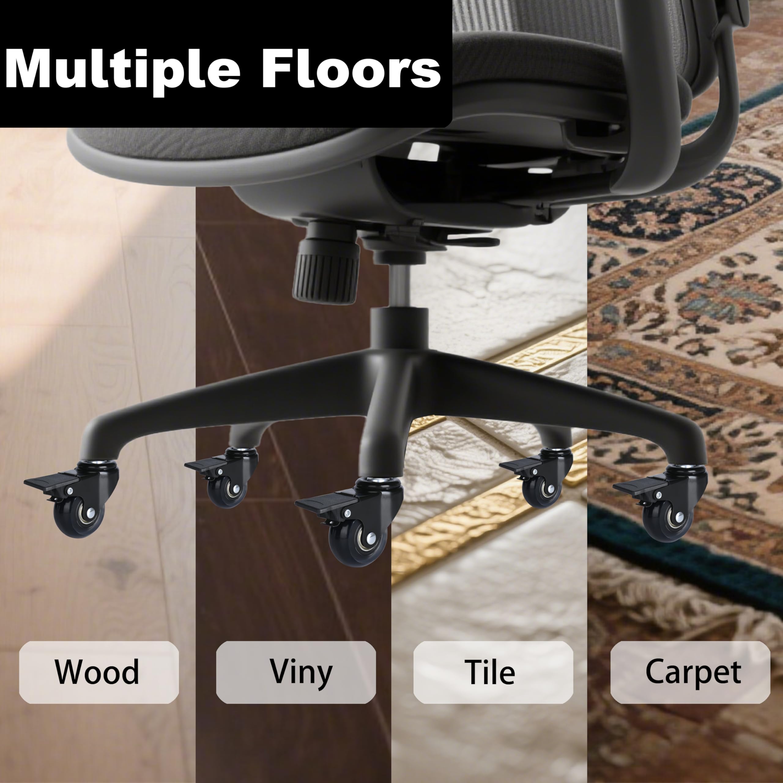 Ruote per sedia da ufficio con freno, resistenti, da 2 pollici, universali, con bloccaggio, set da 5 pezzi con cacciavite incluso. Ruote di ricambio sicure per pavimenti in legno, tappeti, moquette