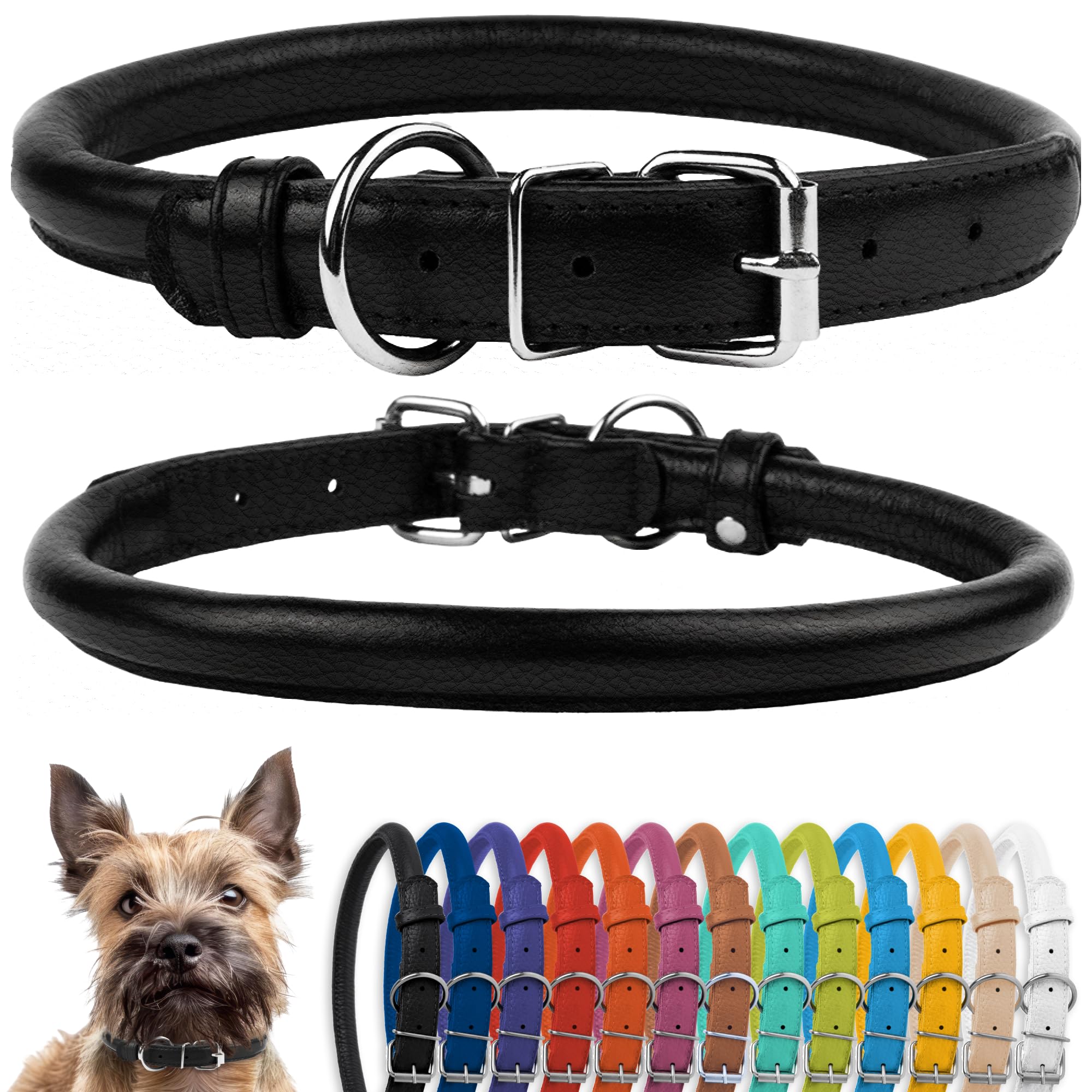 CollarDirect Collar de perro de cuero enrollado, collar de cachorro redondo acolchado suave, collar de cuero genuino hecho a mano para perros pequeños y grandes collares para gatos 13 colores (8-11 pulgadas, textura negra)