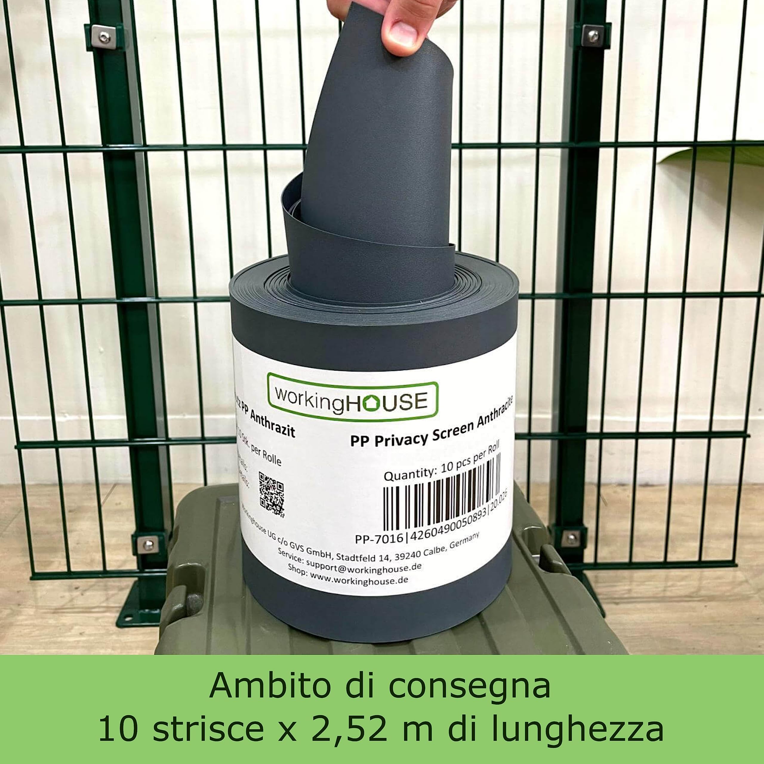 Strisce privacy in PP di Workinghouse spessore 1,1 mm - Resistenti alle intemperie, senza manutenzione, indeformabili - 10 strisce di 2,55 m di lunghezza x 19 cm di altezza (Grigio chiaro)
